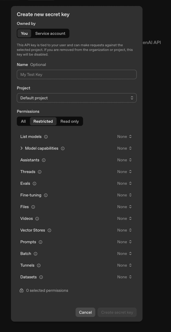 Restricted permissions for an OpenAI secret key