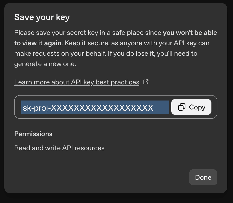 Save your key window in the OpenAI platform