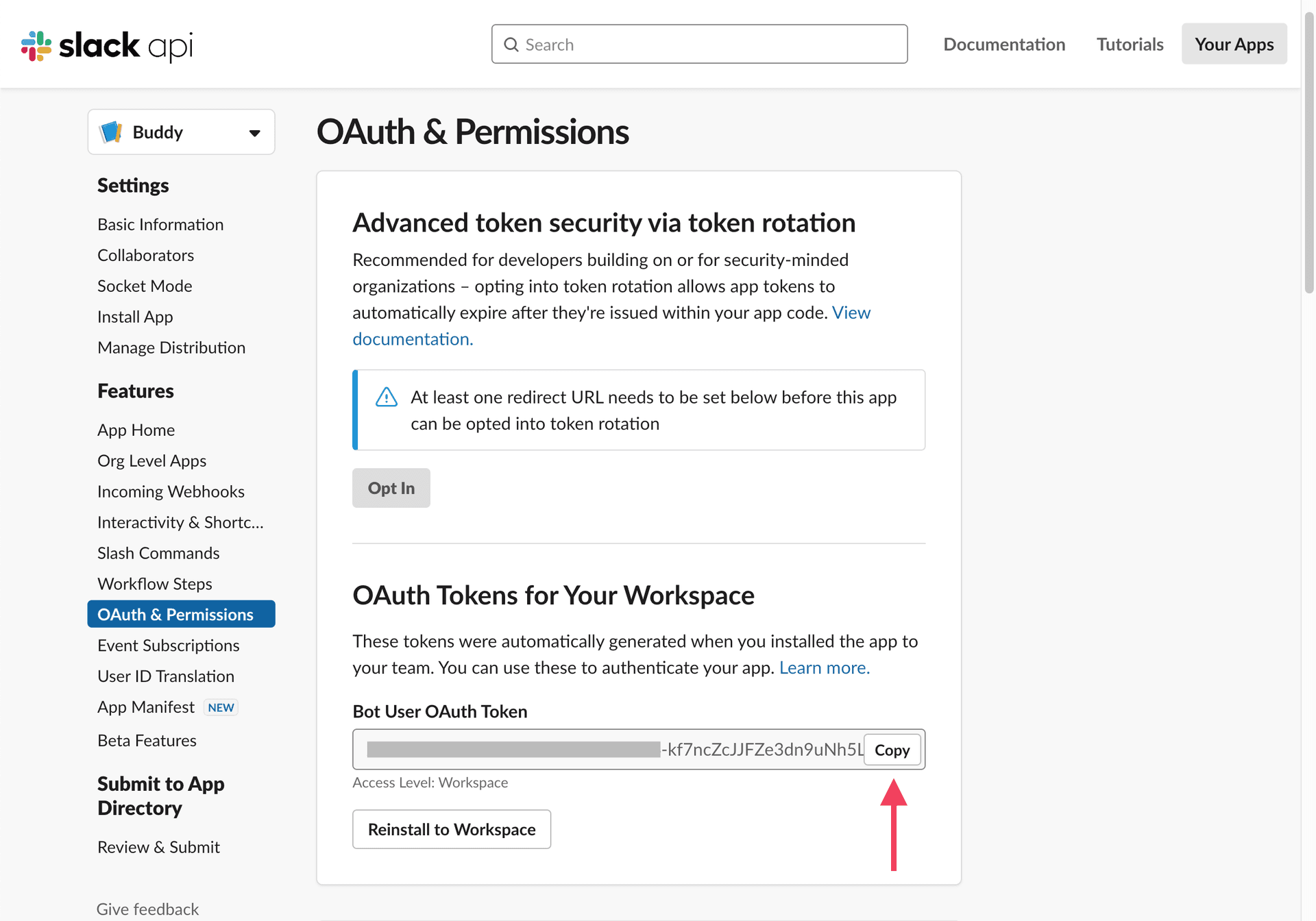 Bot user OAuth token location