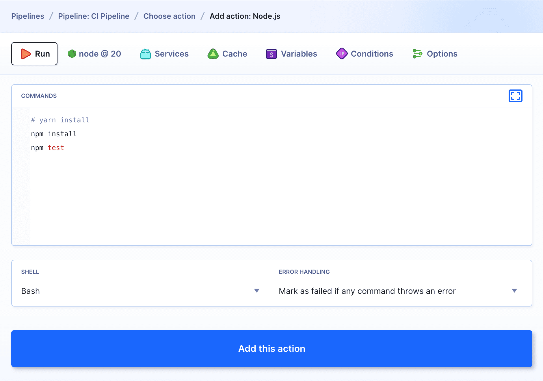 Build action with test ommands