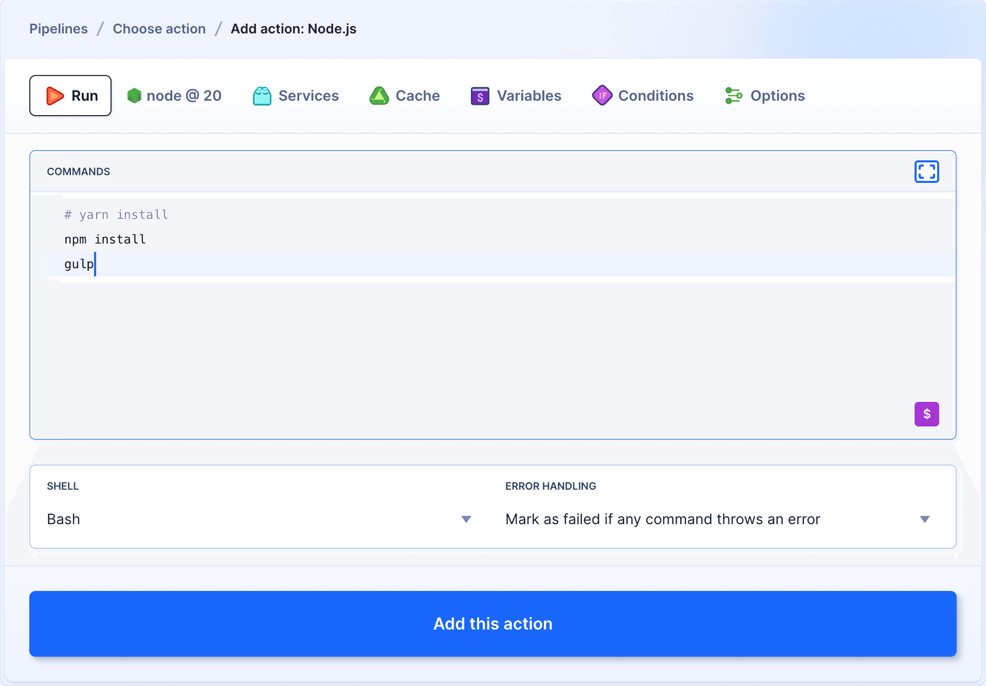 Node action with gulp command