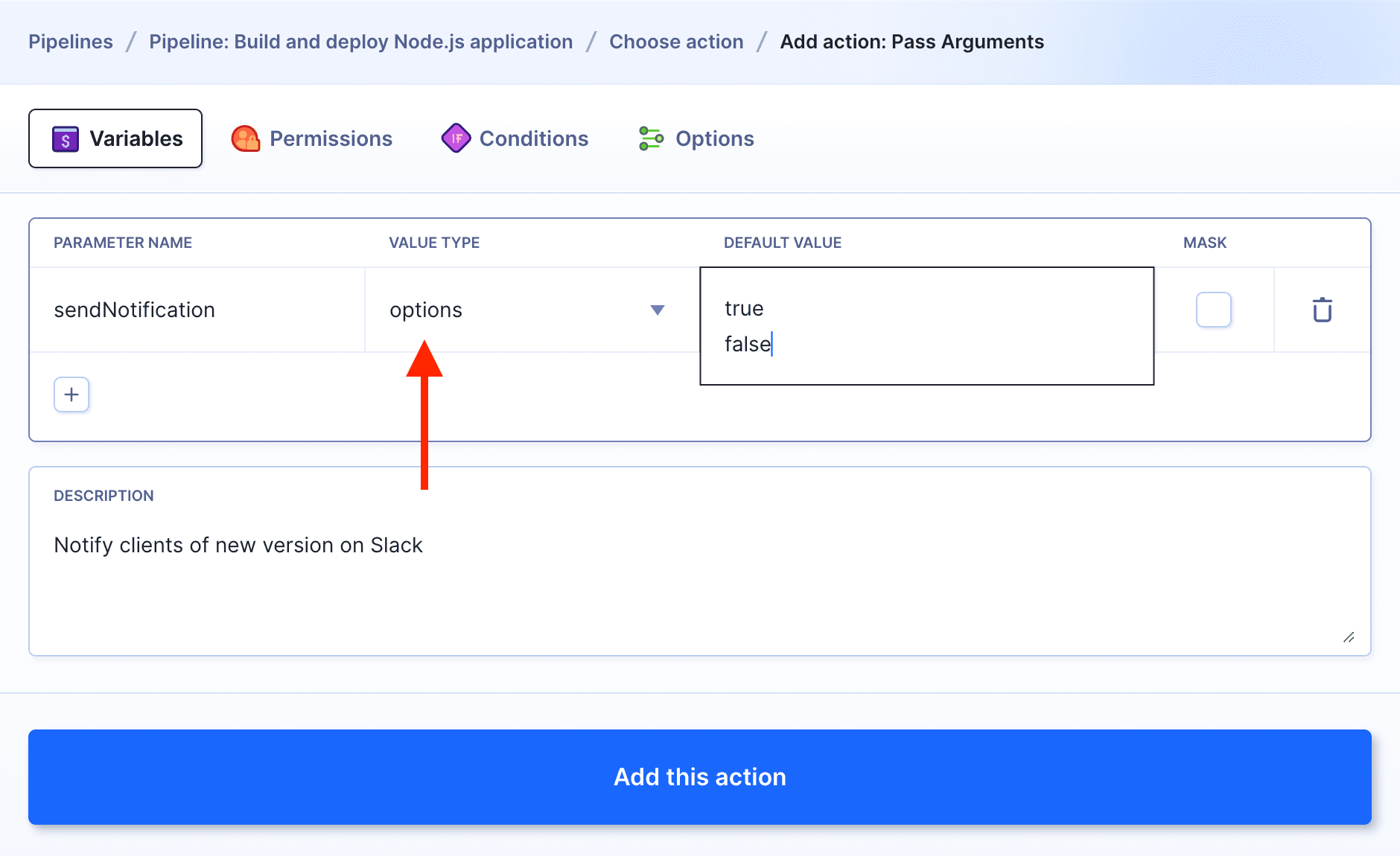 Pass Arguments action settings
