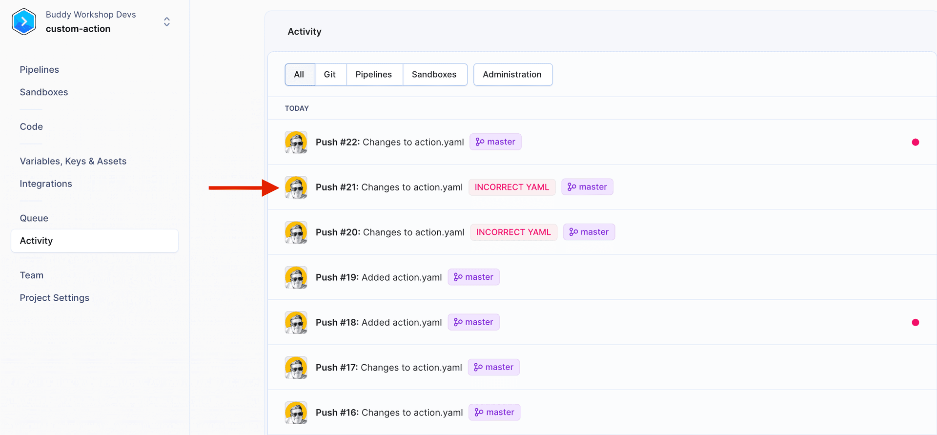 Activity screen with push events
