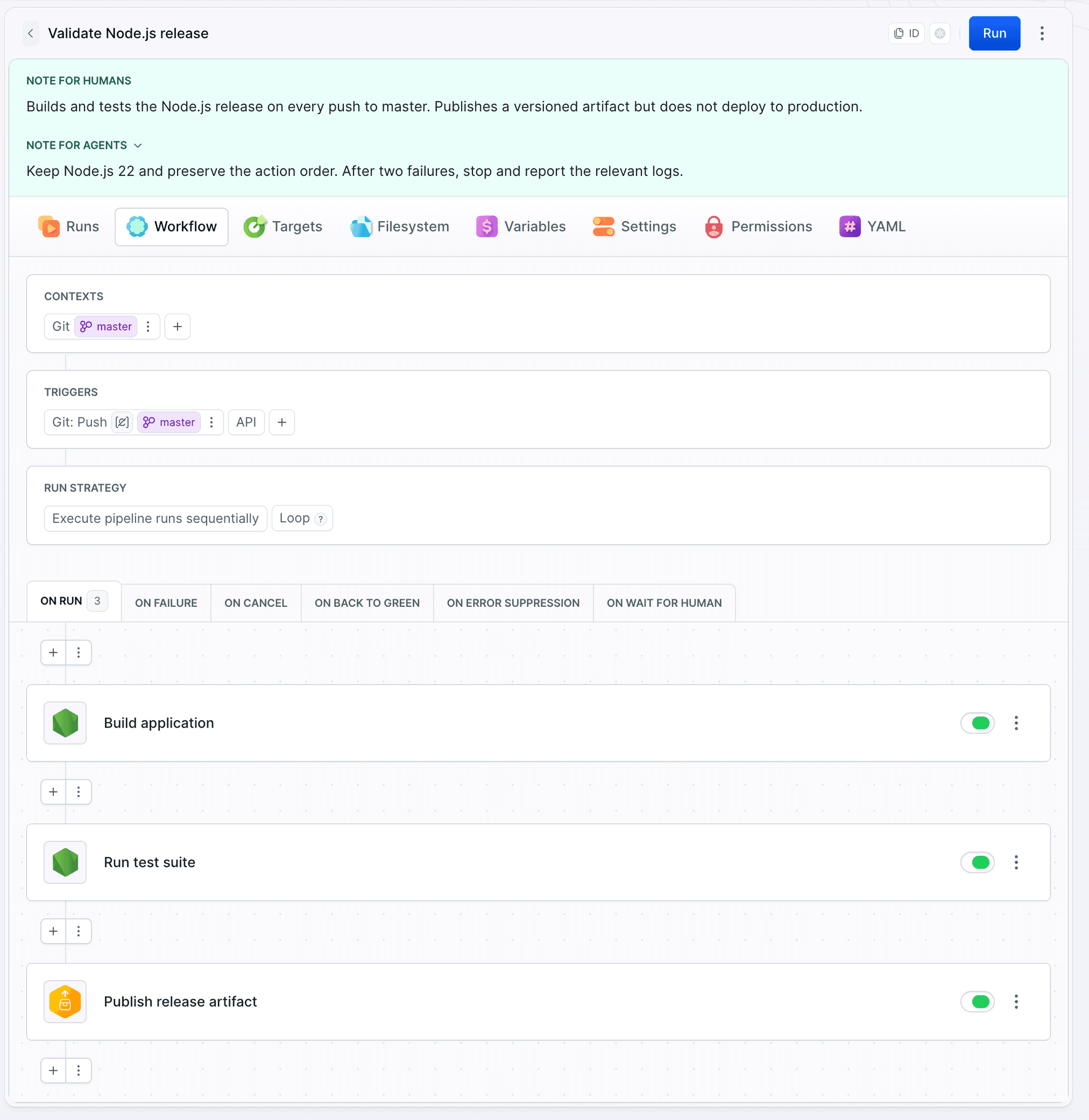 A pipeline with instructions for teammates and AI agents