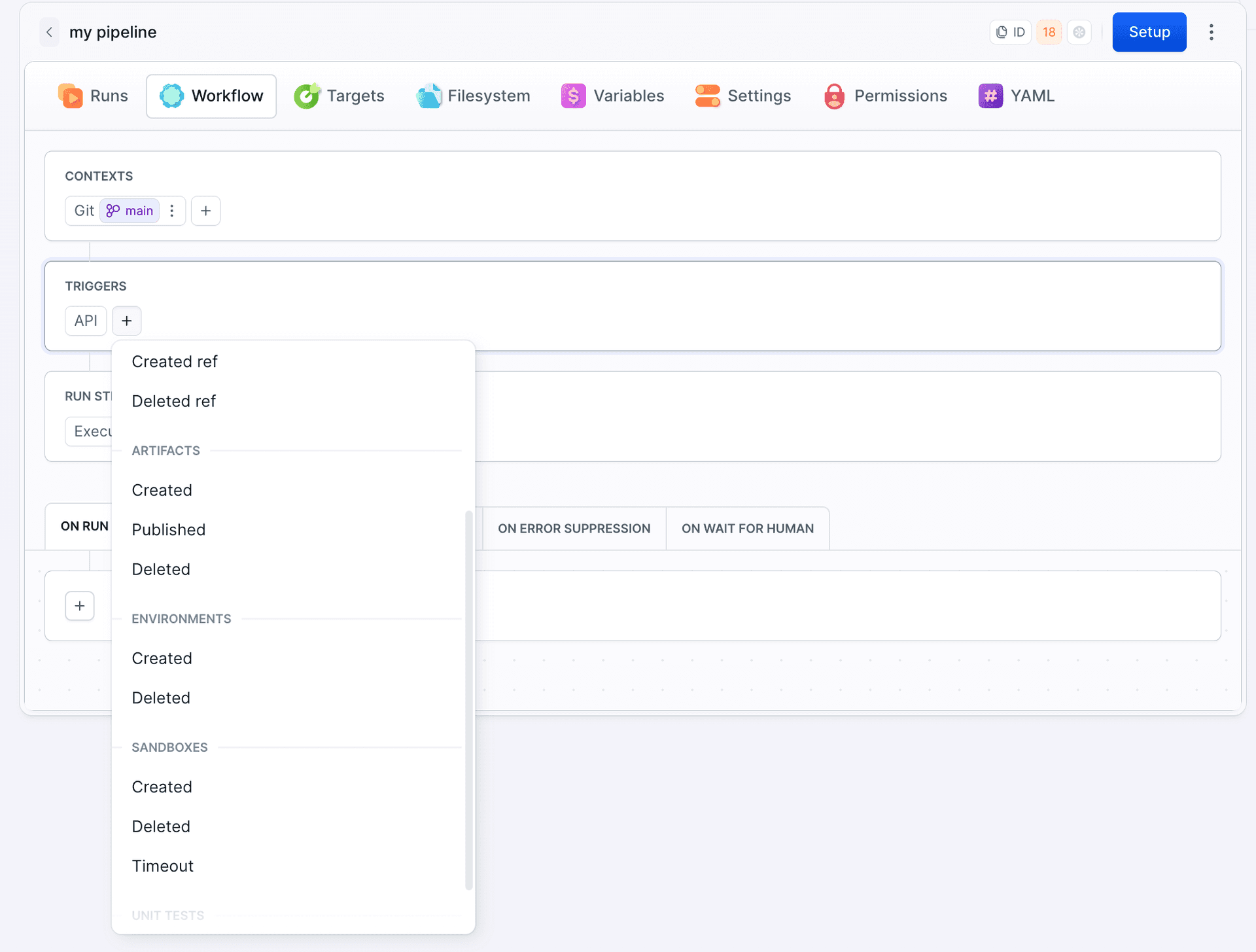 Artifacts group in the trigger dropdown