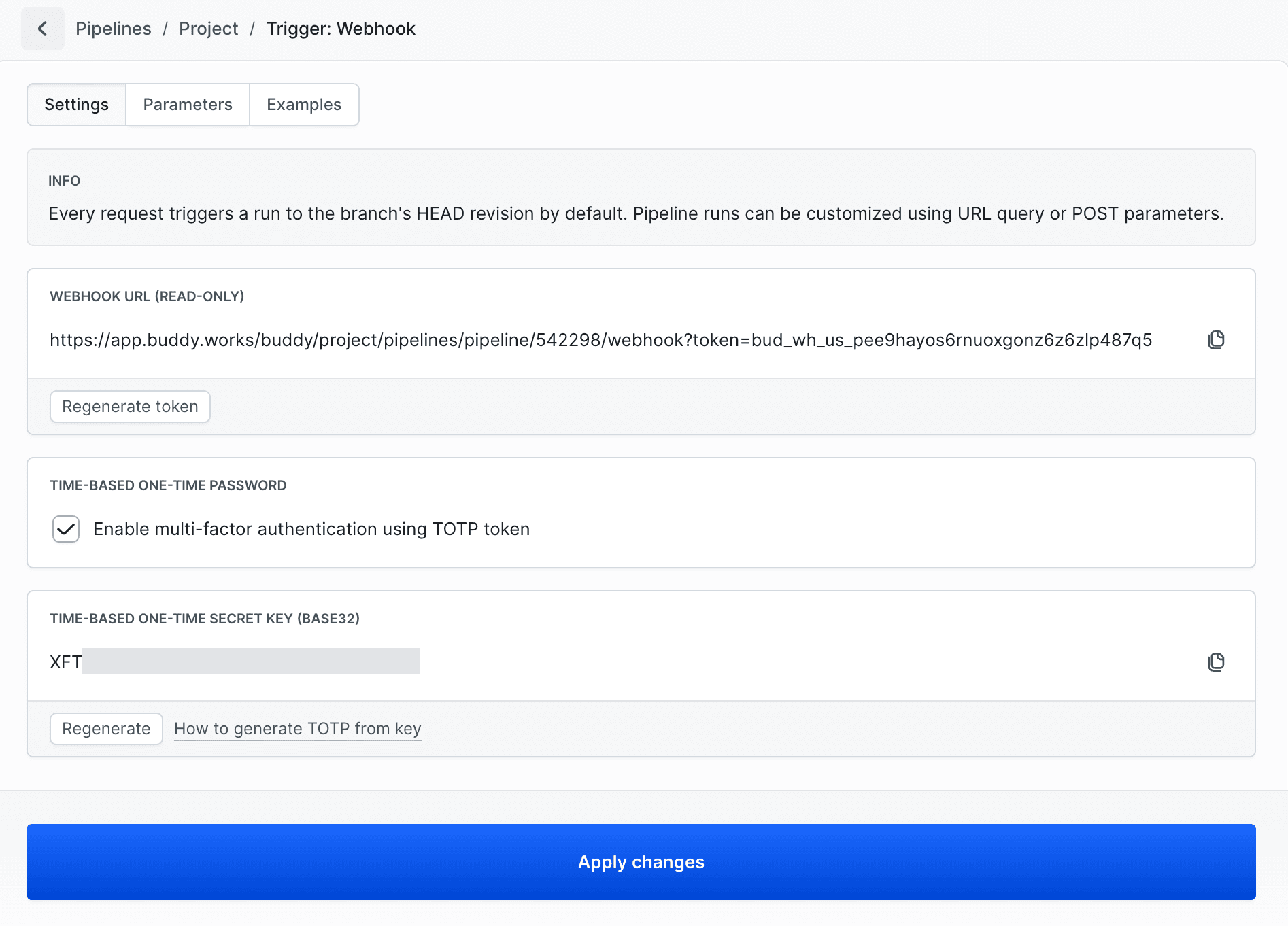 Webhook settings with URL, token and TOTP options