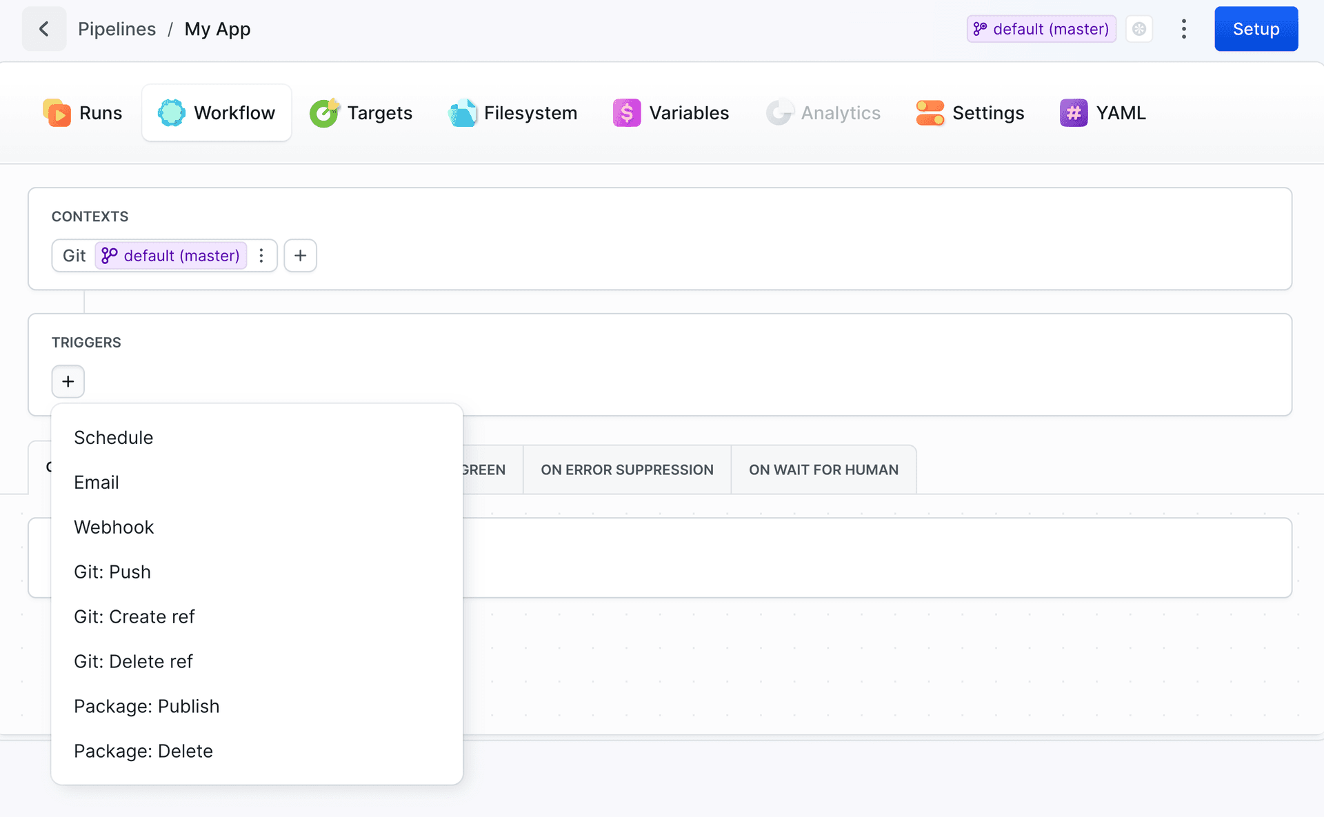 Selecting Webhook trigger in TRIGGERS Pipeline section