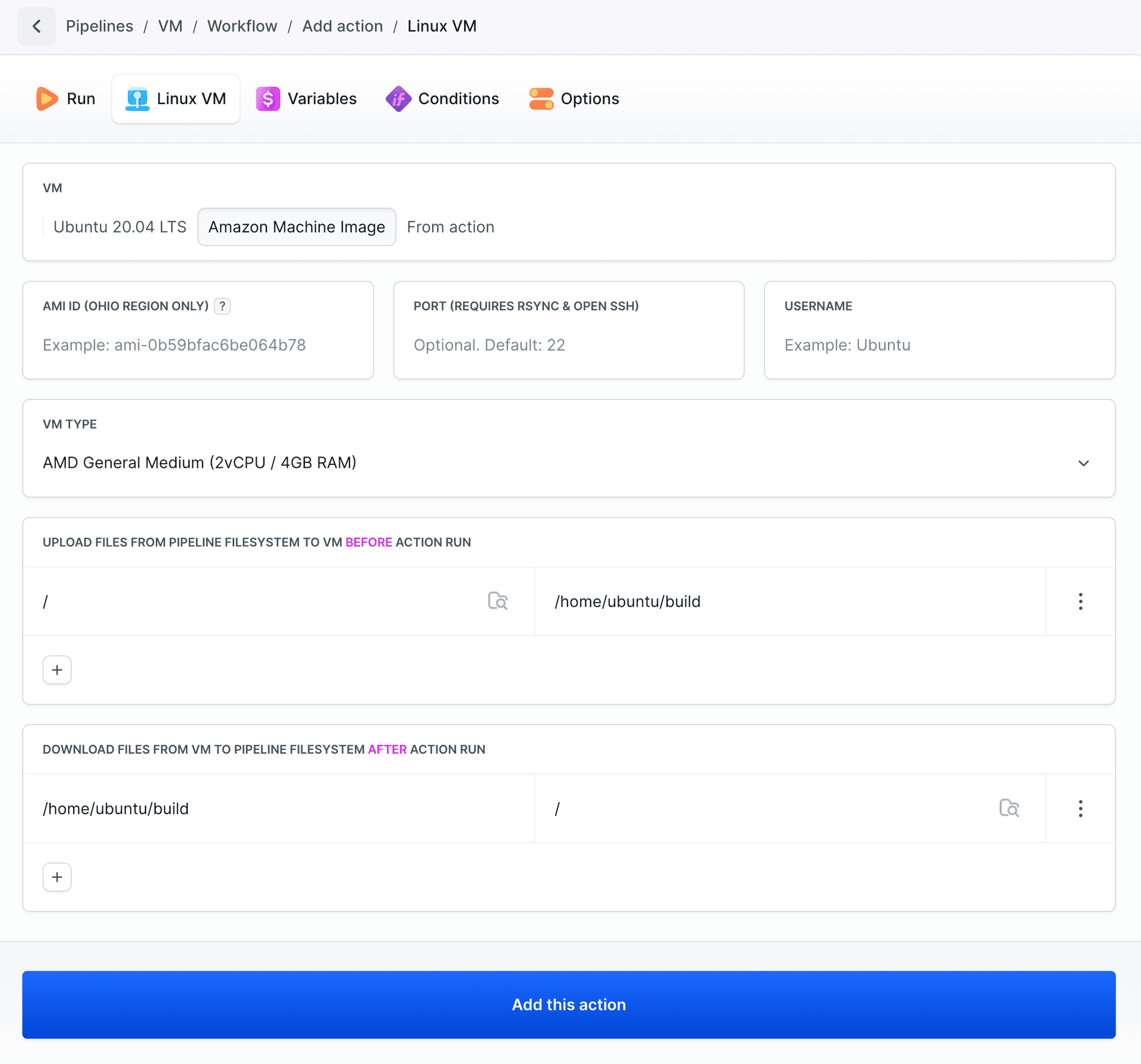 Linux VM action view