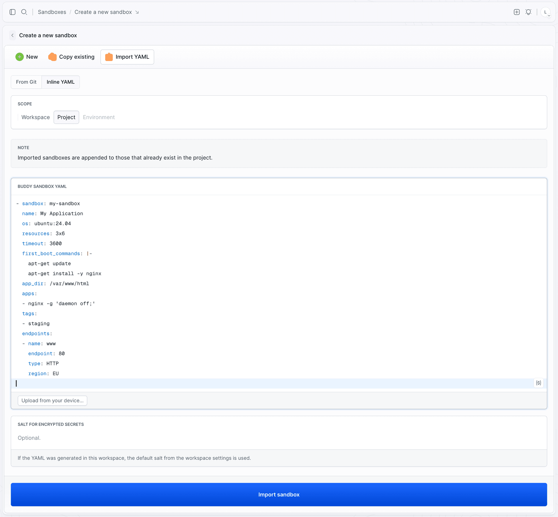 Sandbox YAML tab
