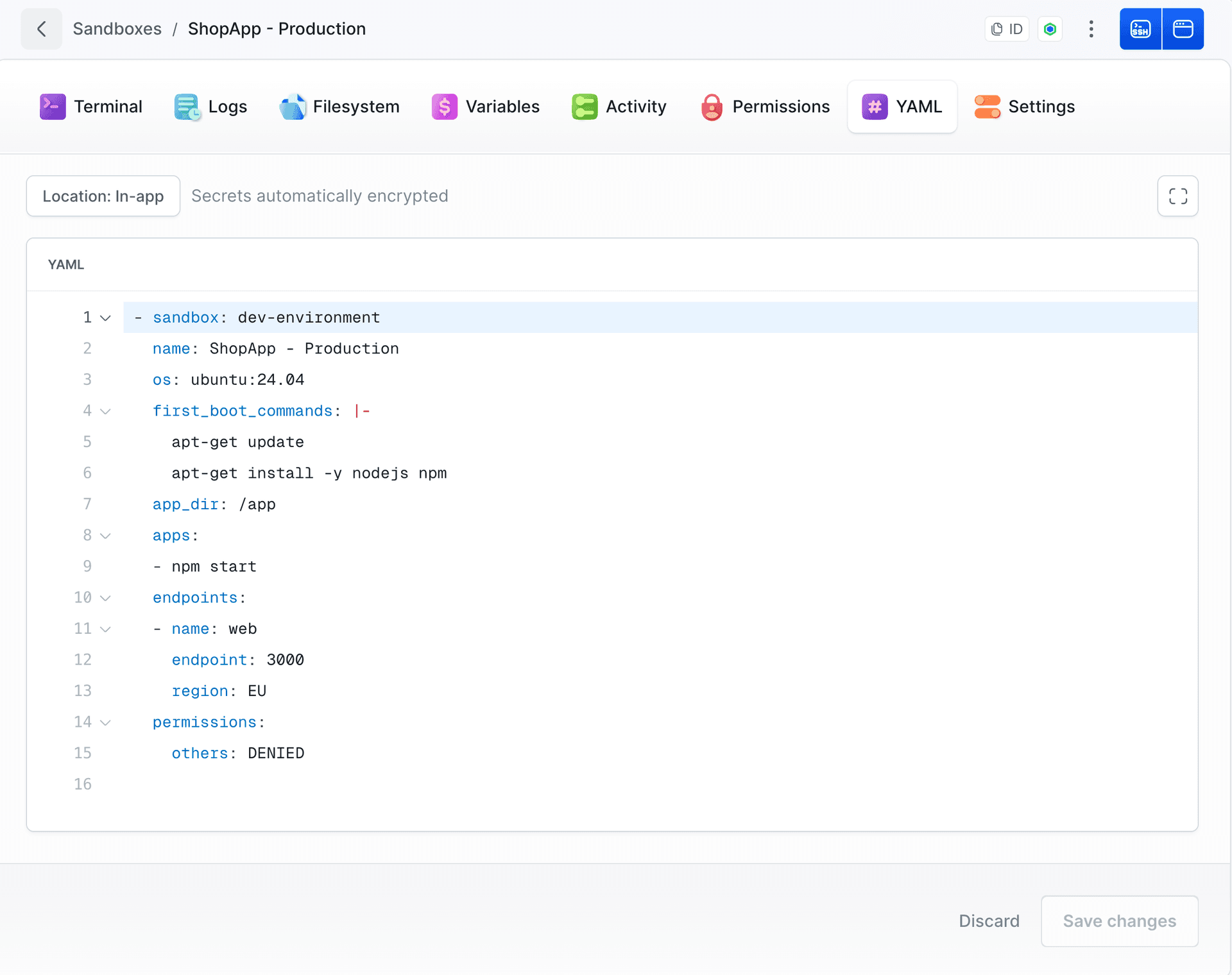Sandbox YAML example