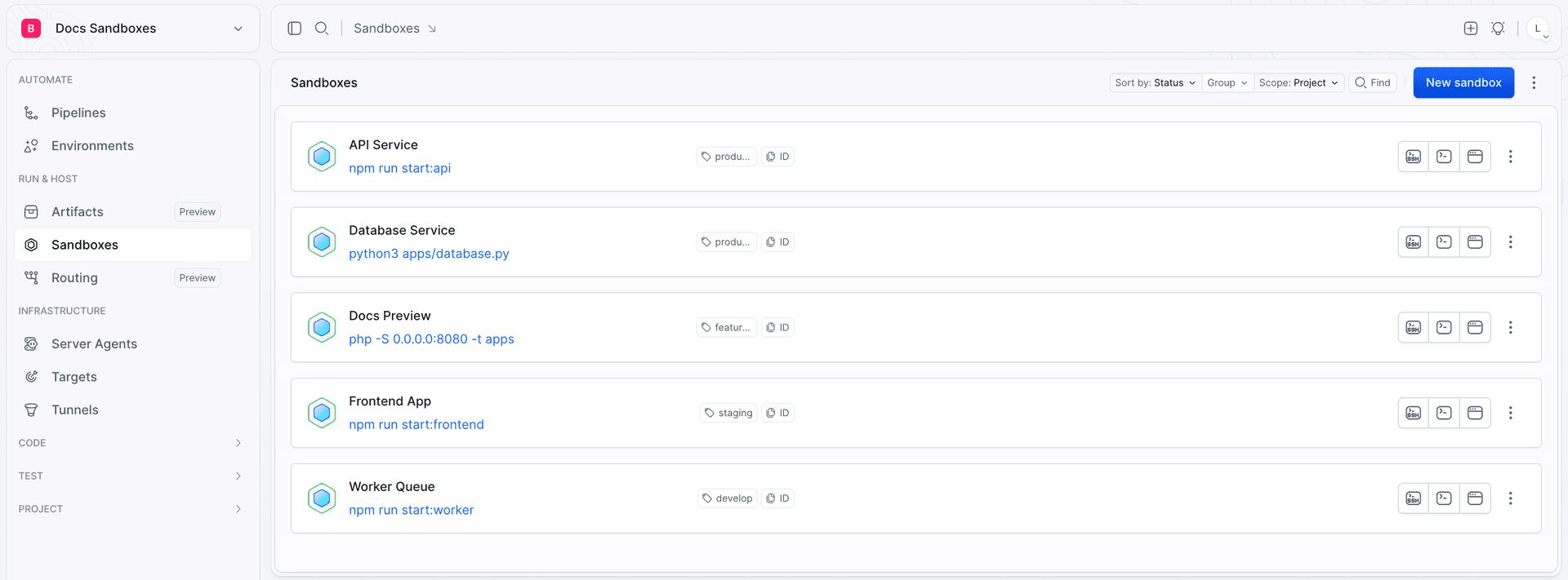 Sandboxes list