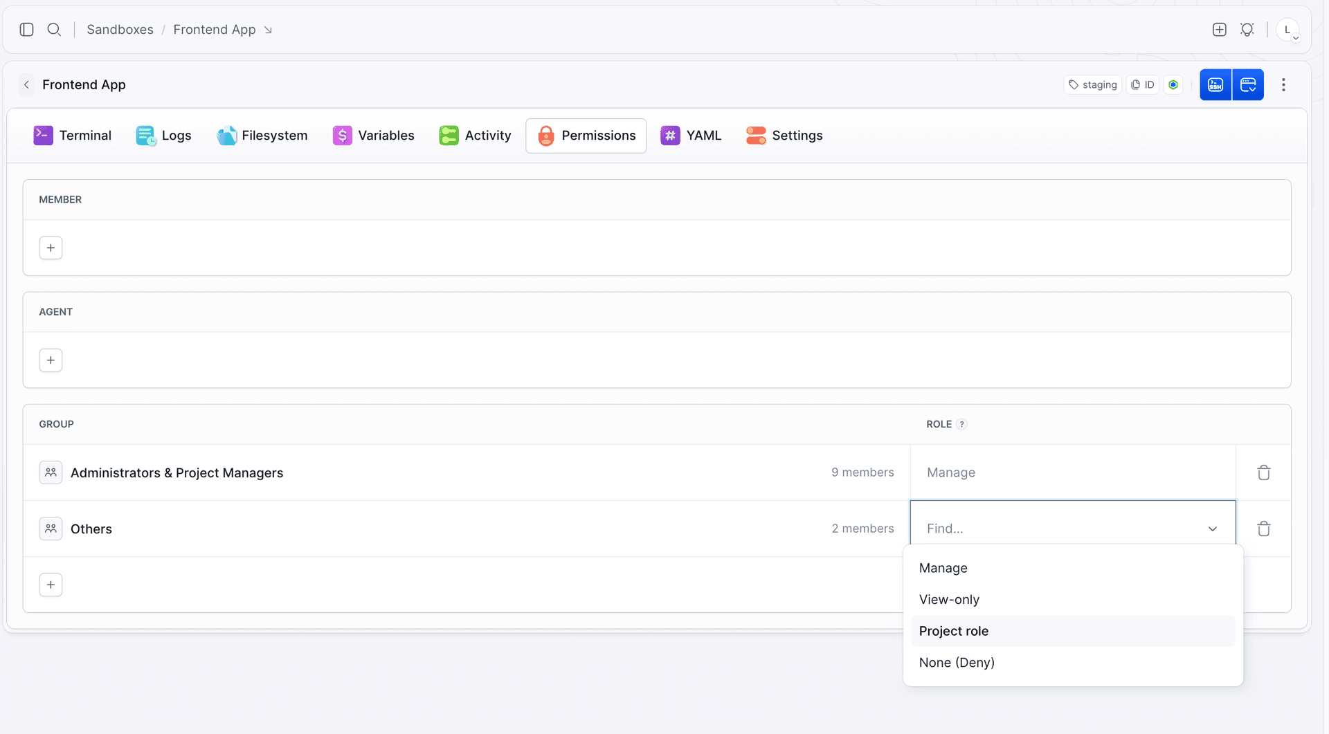 The role selector on a Sandbox permission row
