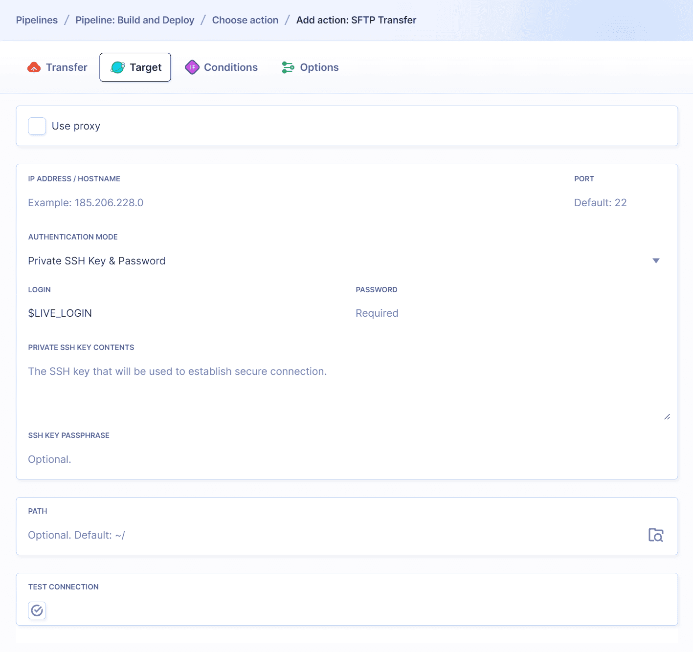 SFTP action configuration