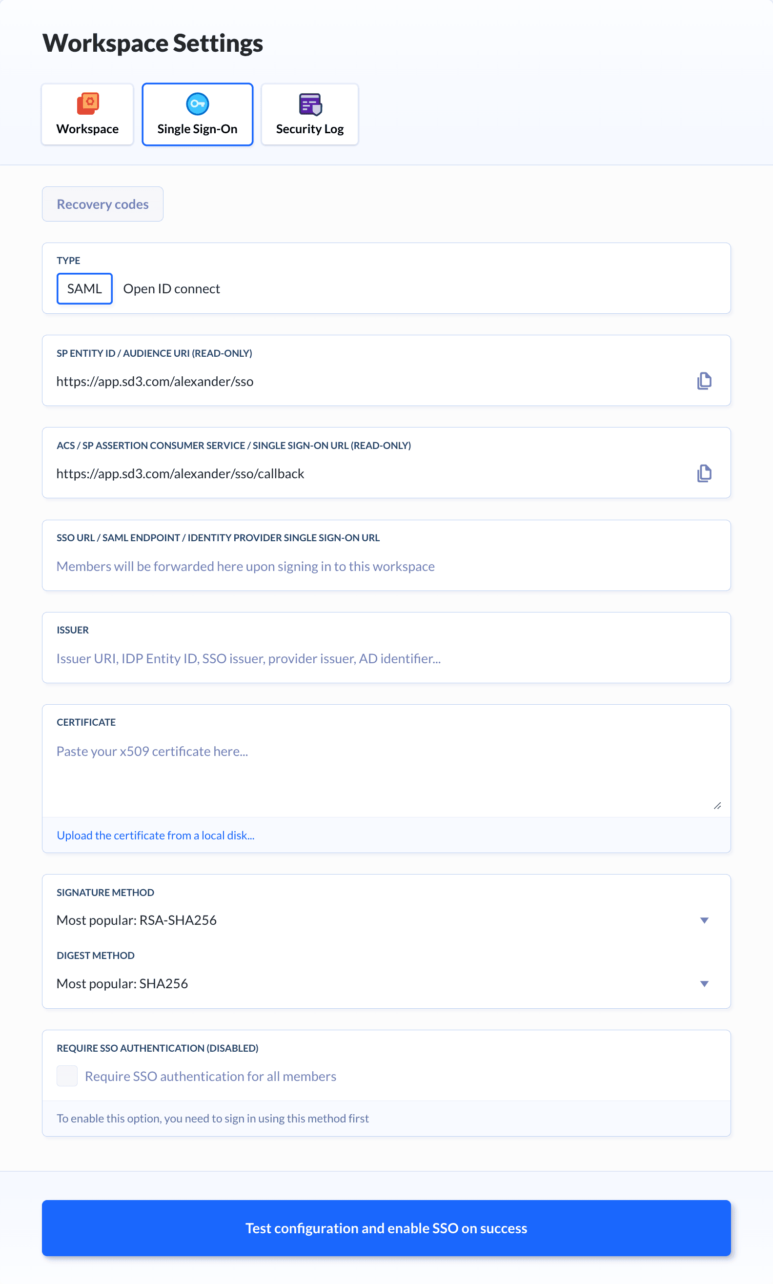 Workspace SSO configuration