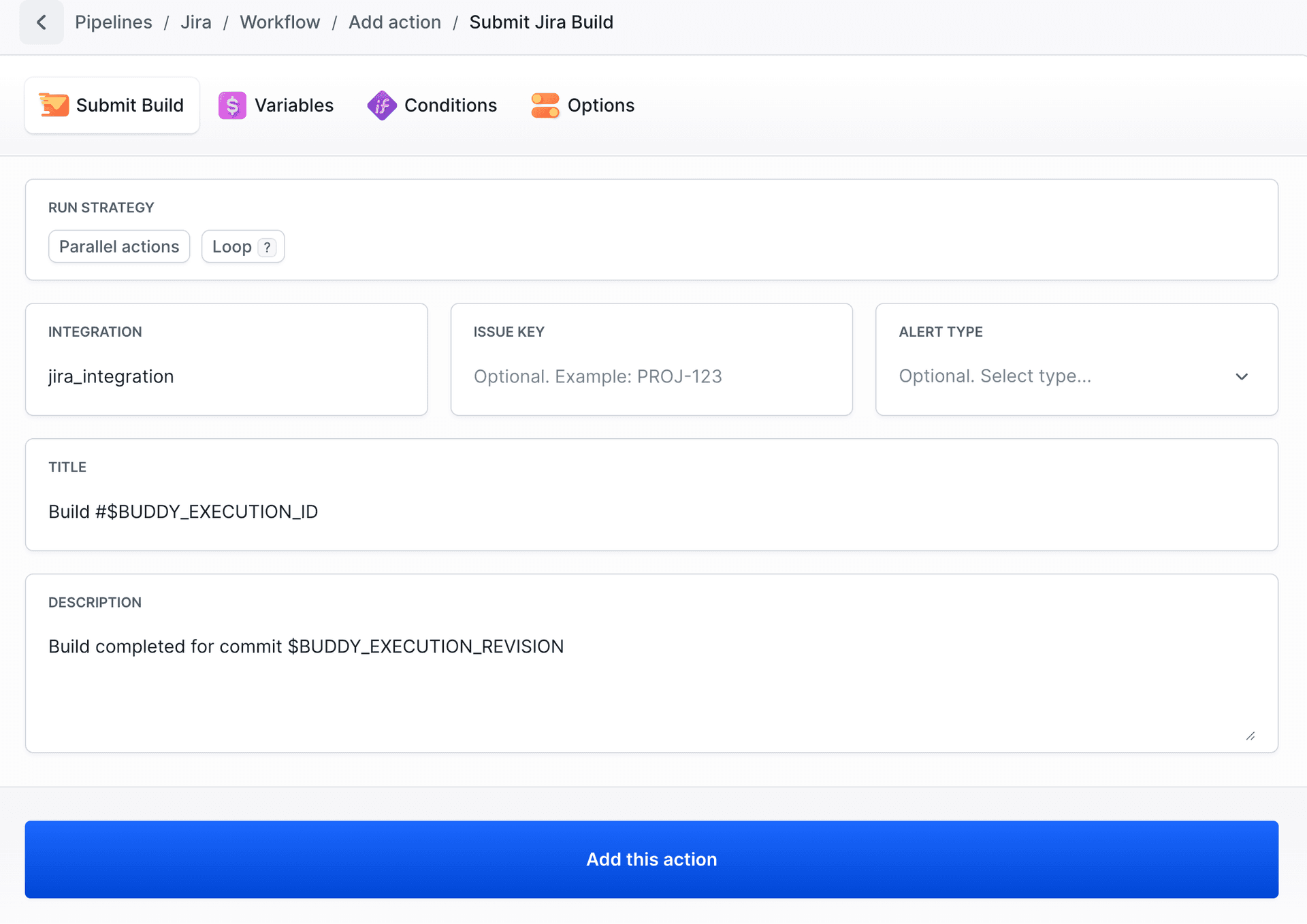 Submit Jira Build action configuration