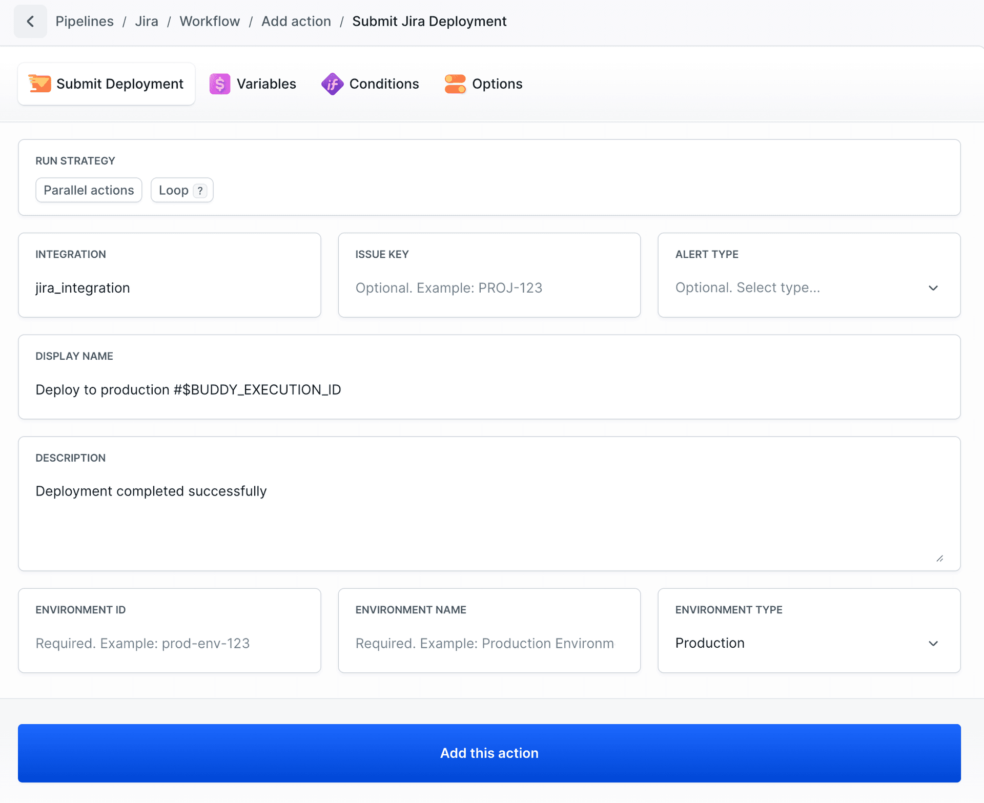 Submit Jira Deployment action configuration