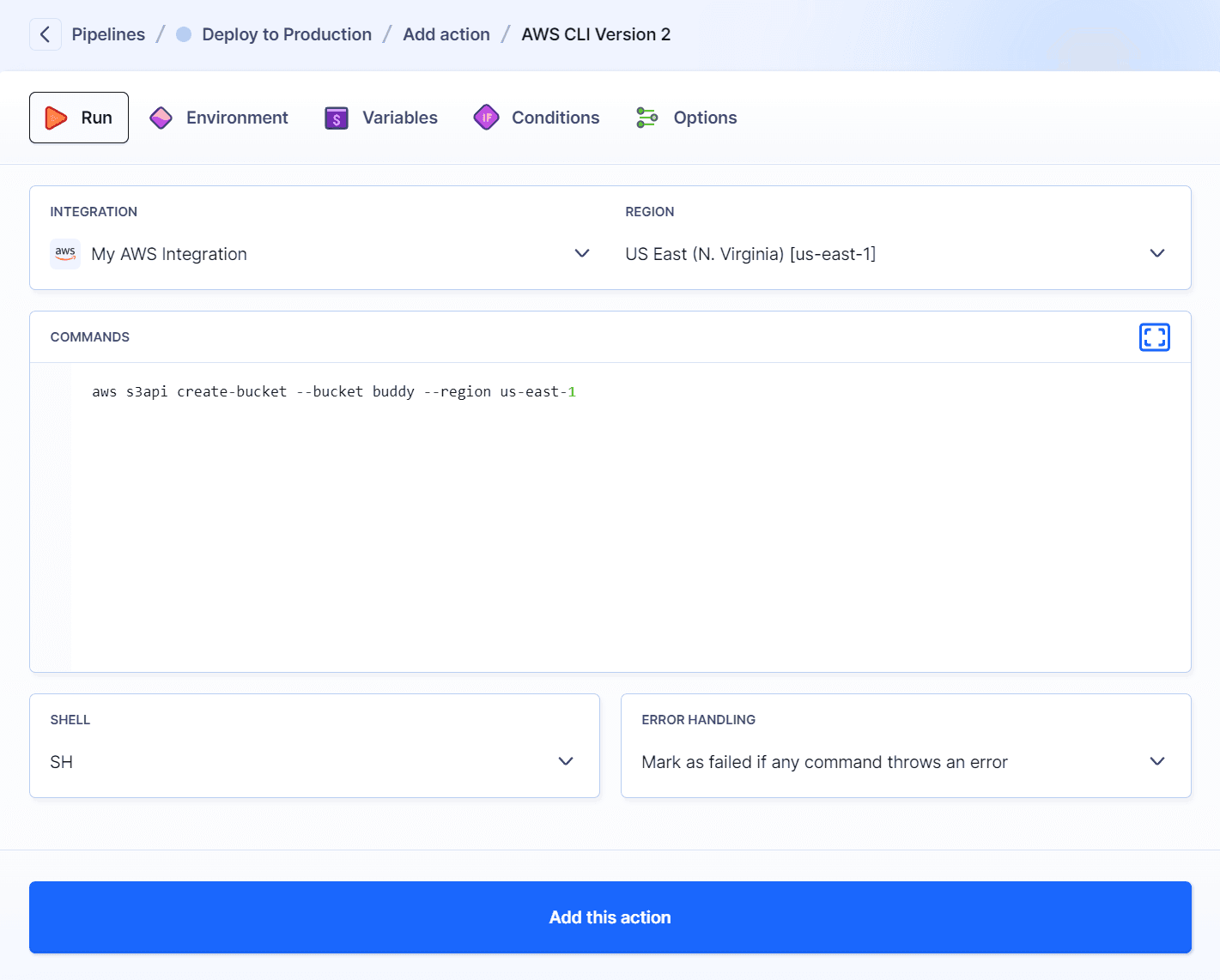 AWS CLI action configuration