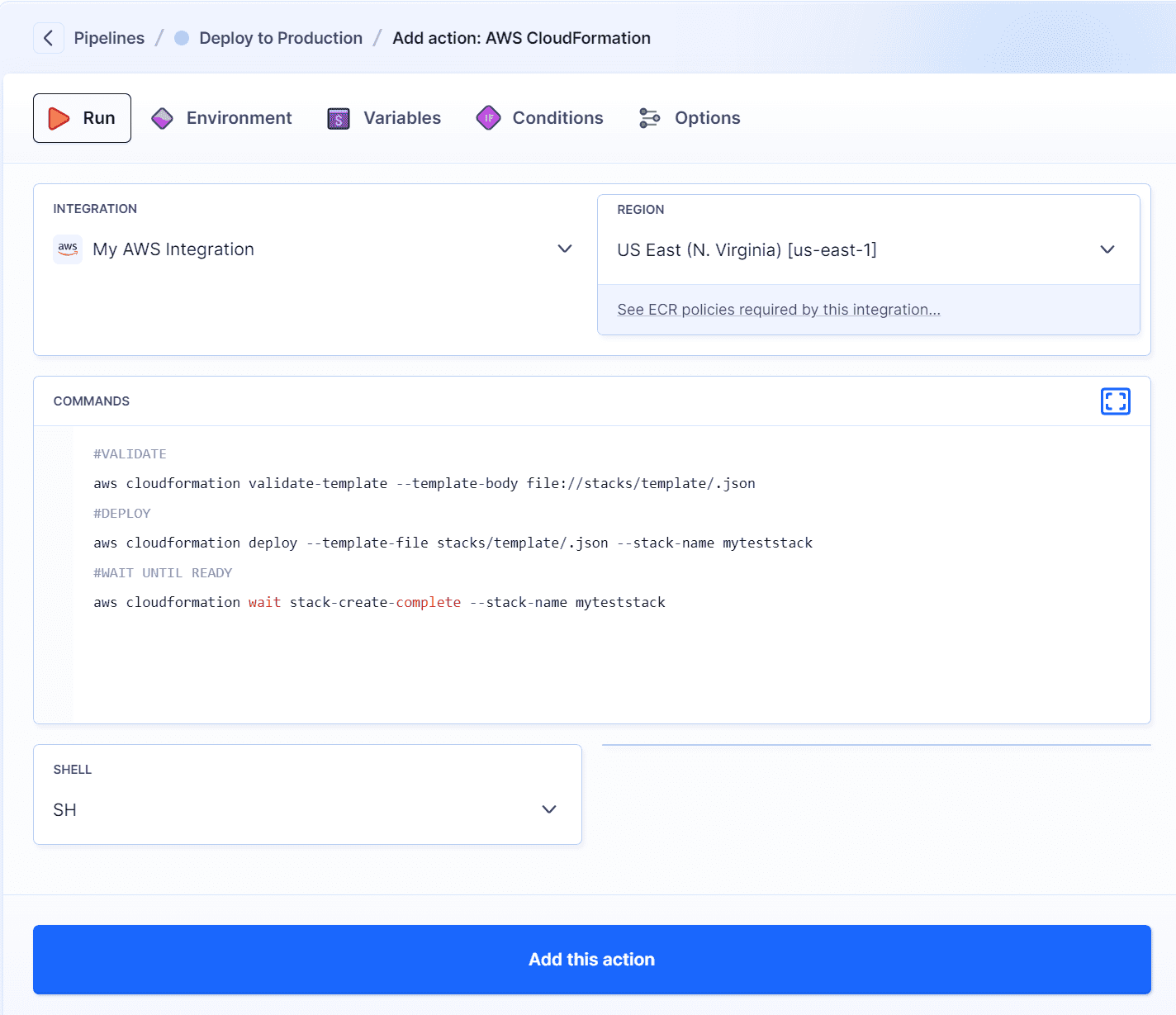 AWS CloudFormation action configuration