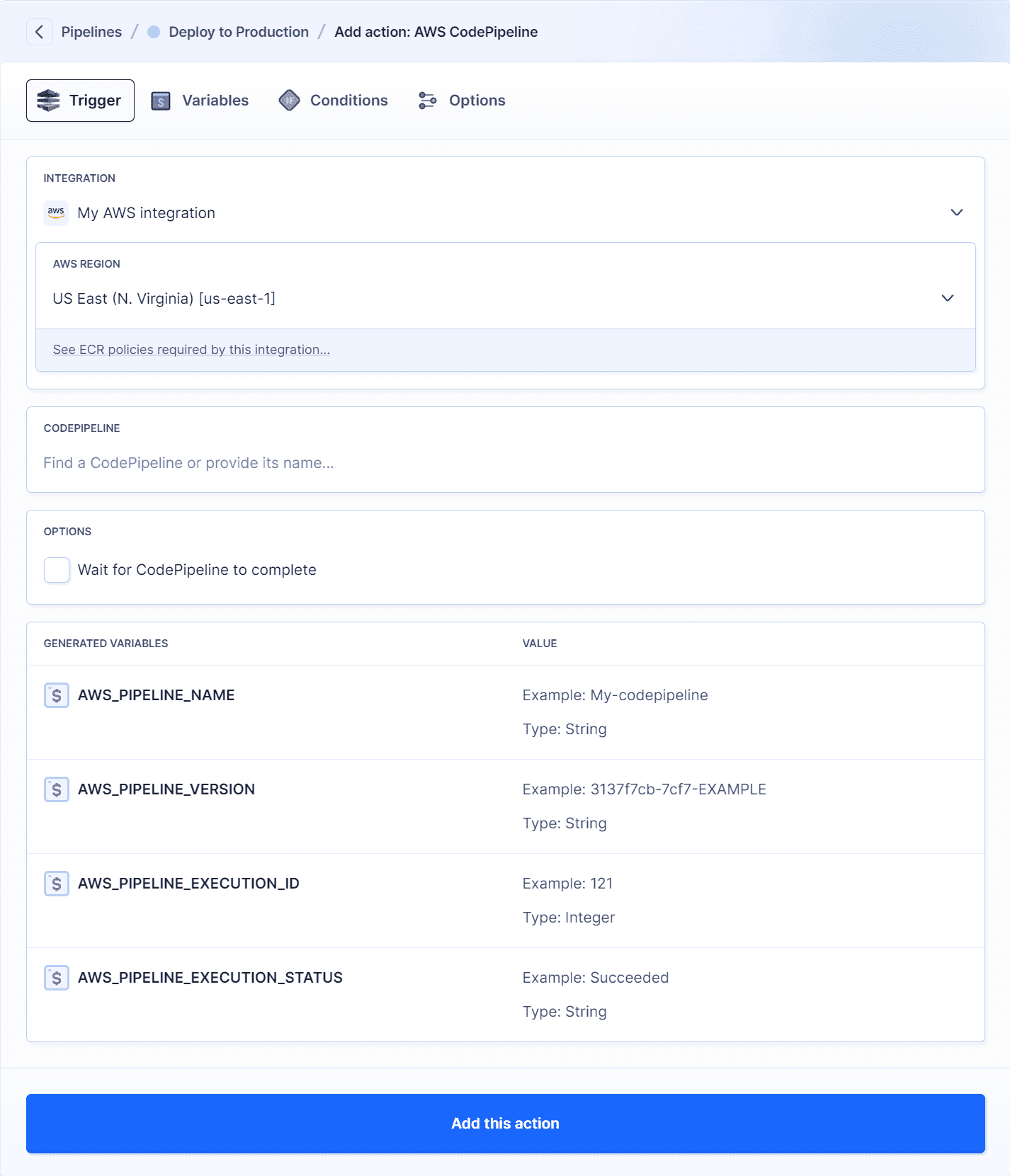 AWS CodePipeline action configuration