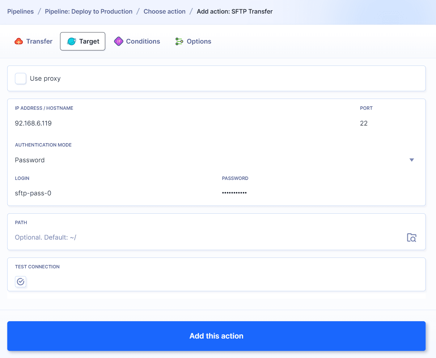 SFTP action configuration