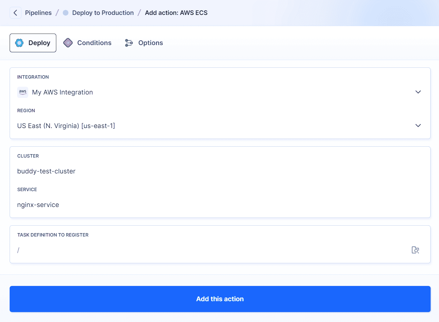 AWS ECS action configuration