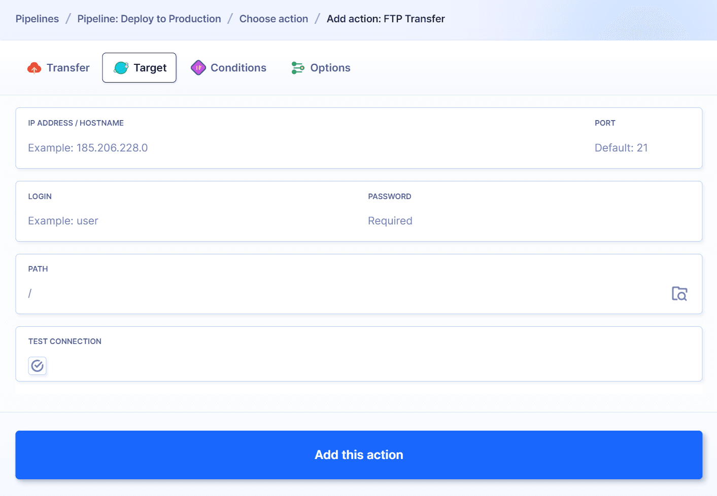 FTP action configuration