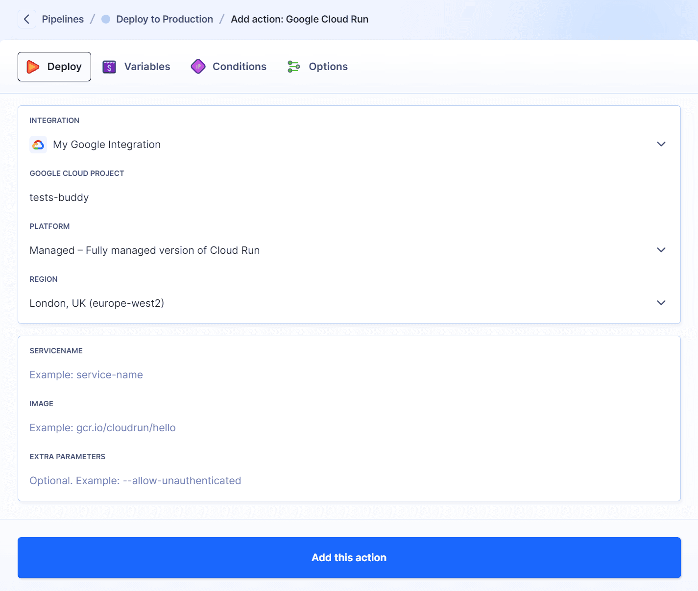 Google Cloud Run action configuration