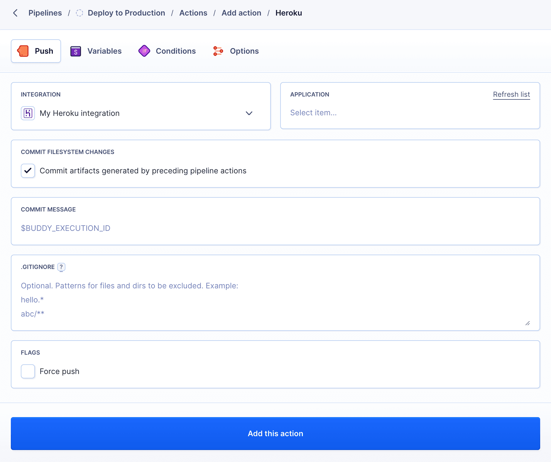 Heroku action configuration