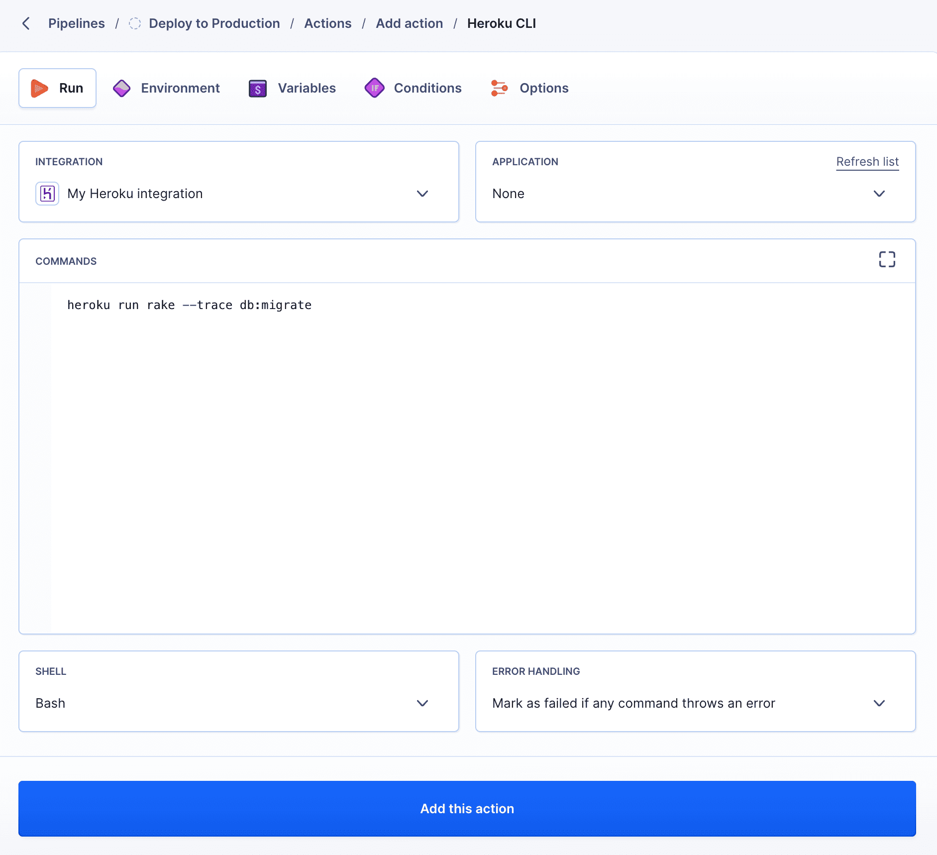 Heroku CLI action configuration