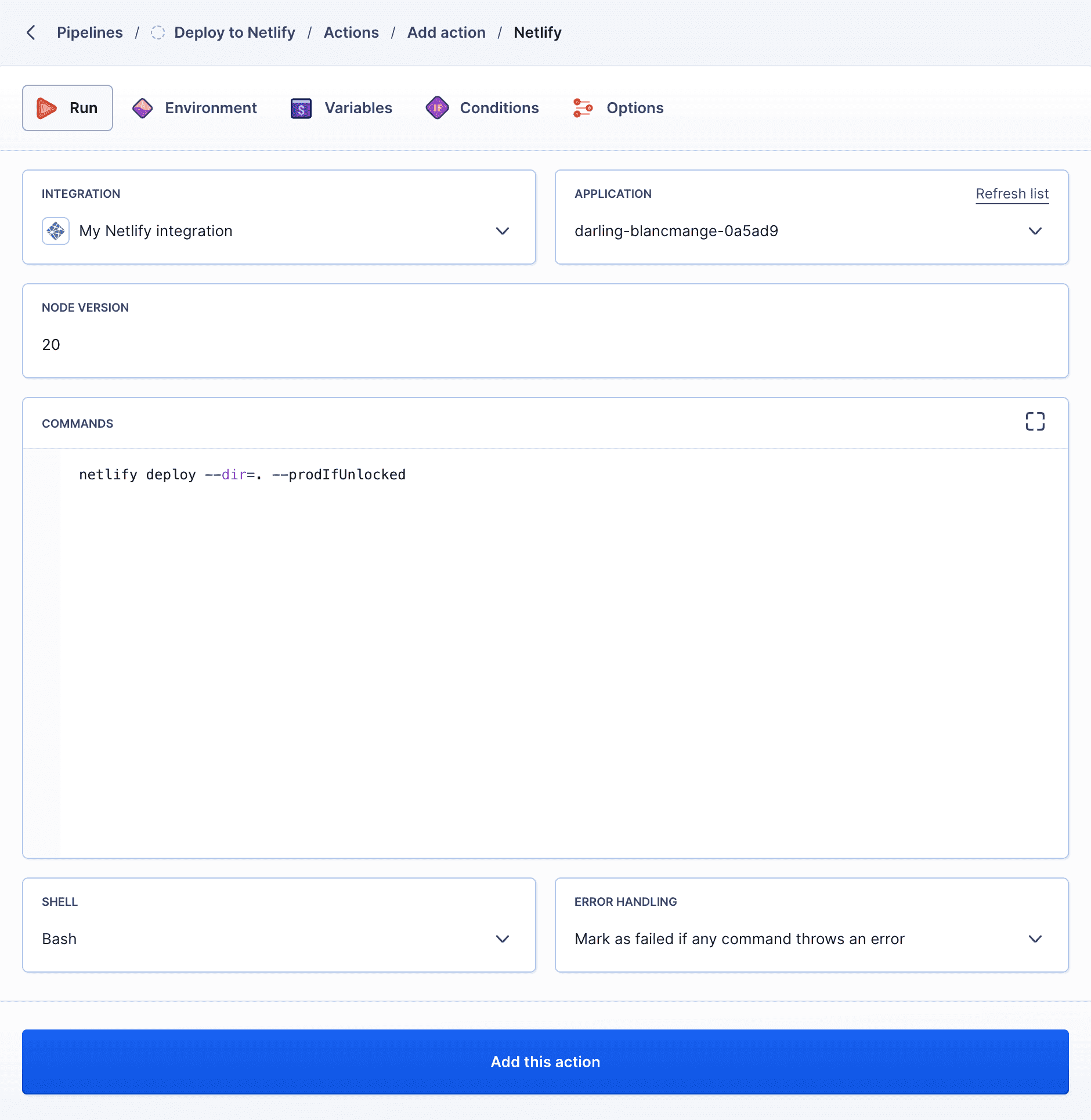 Netlify action configuration