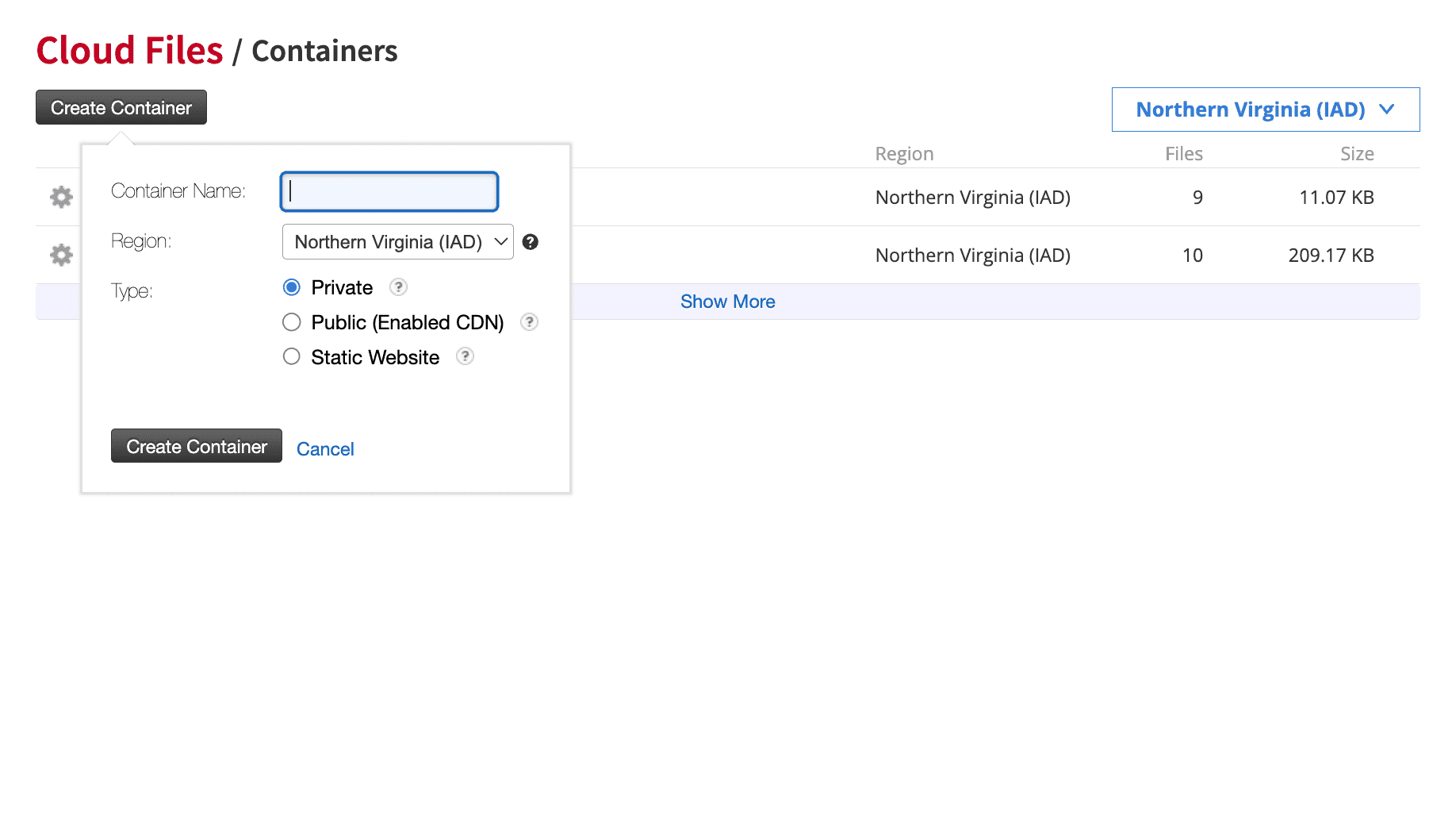 Container details in Rackspace