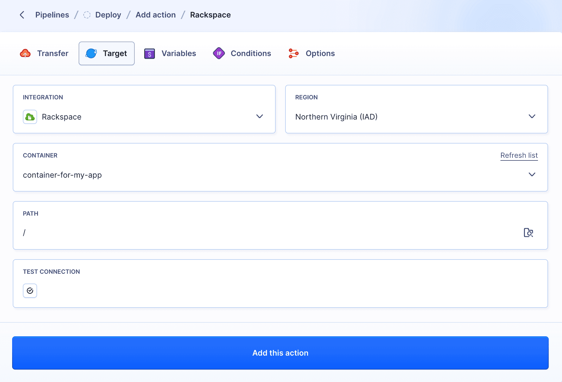 Target tab in Rackspace action configuration window