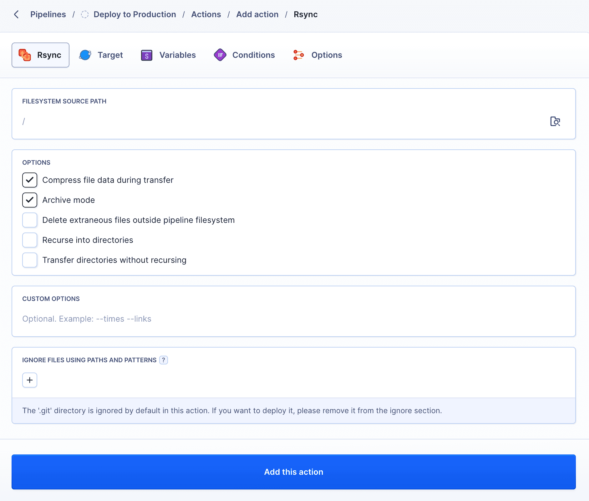 Rsync action configuration