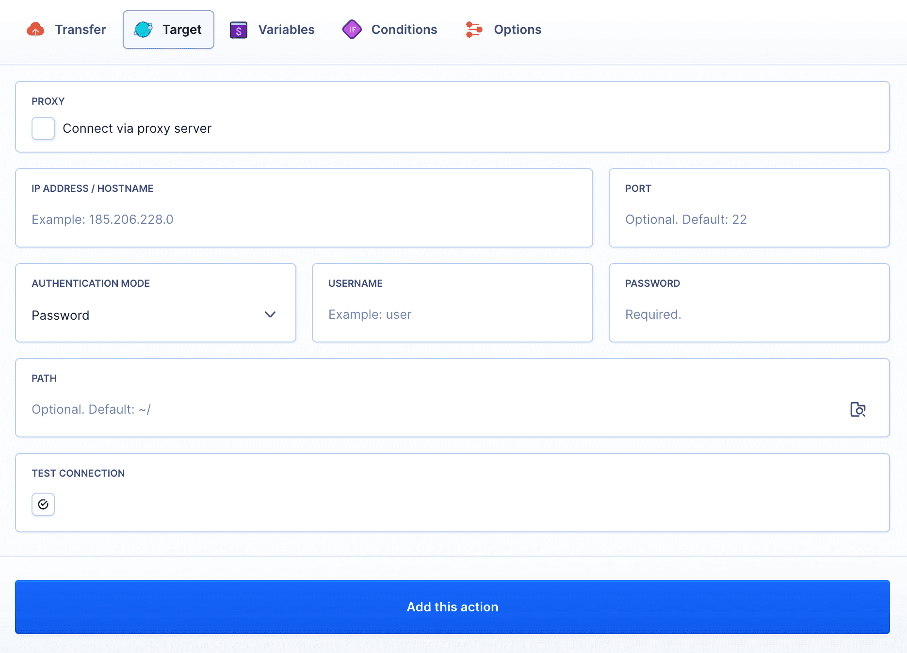 Target tab in SFTP action