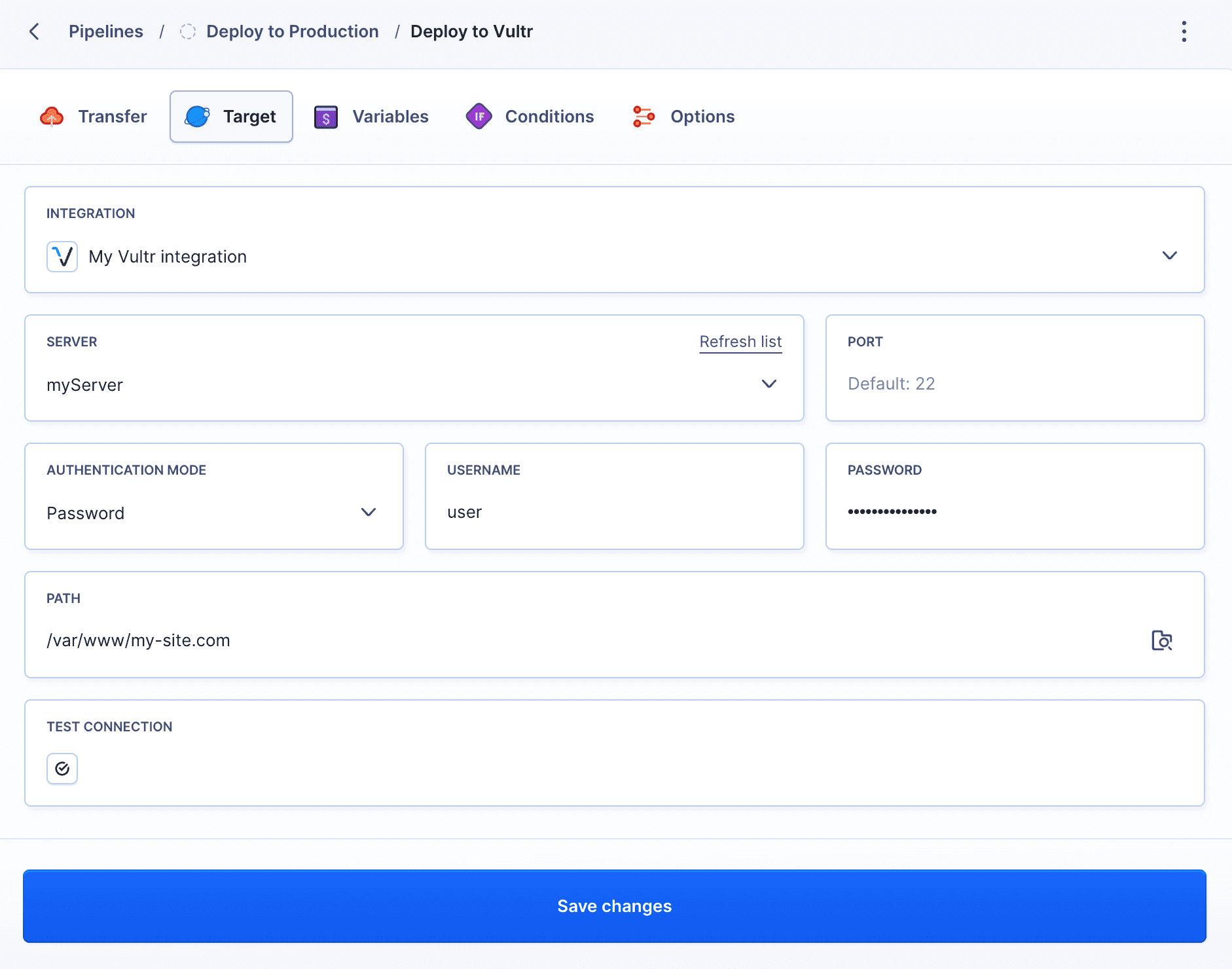 Target tab in Vultr action configuration window