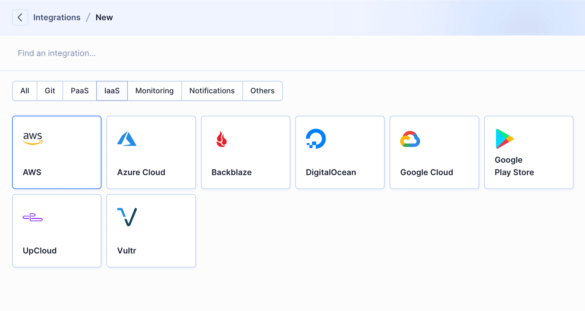 AWS integration selection