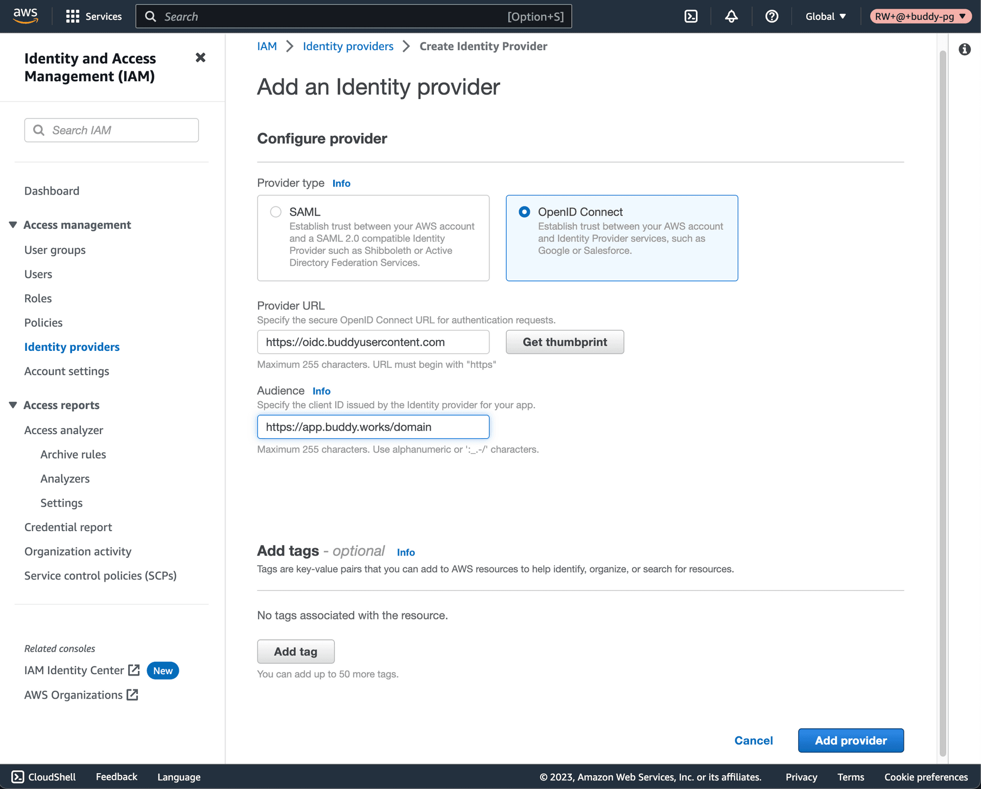 Adding AWS identity provider