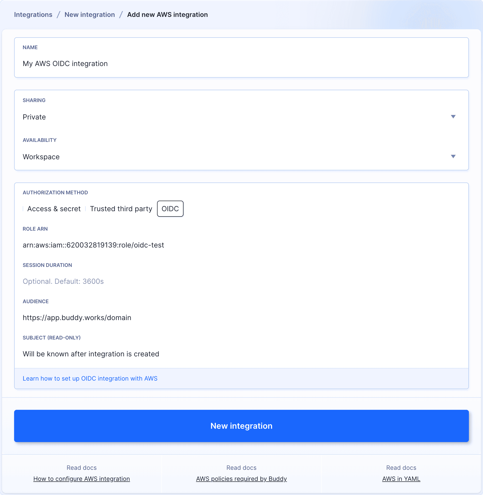 OIDC integration configuration