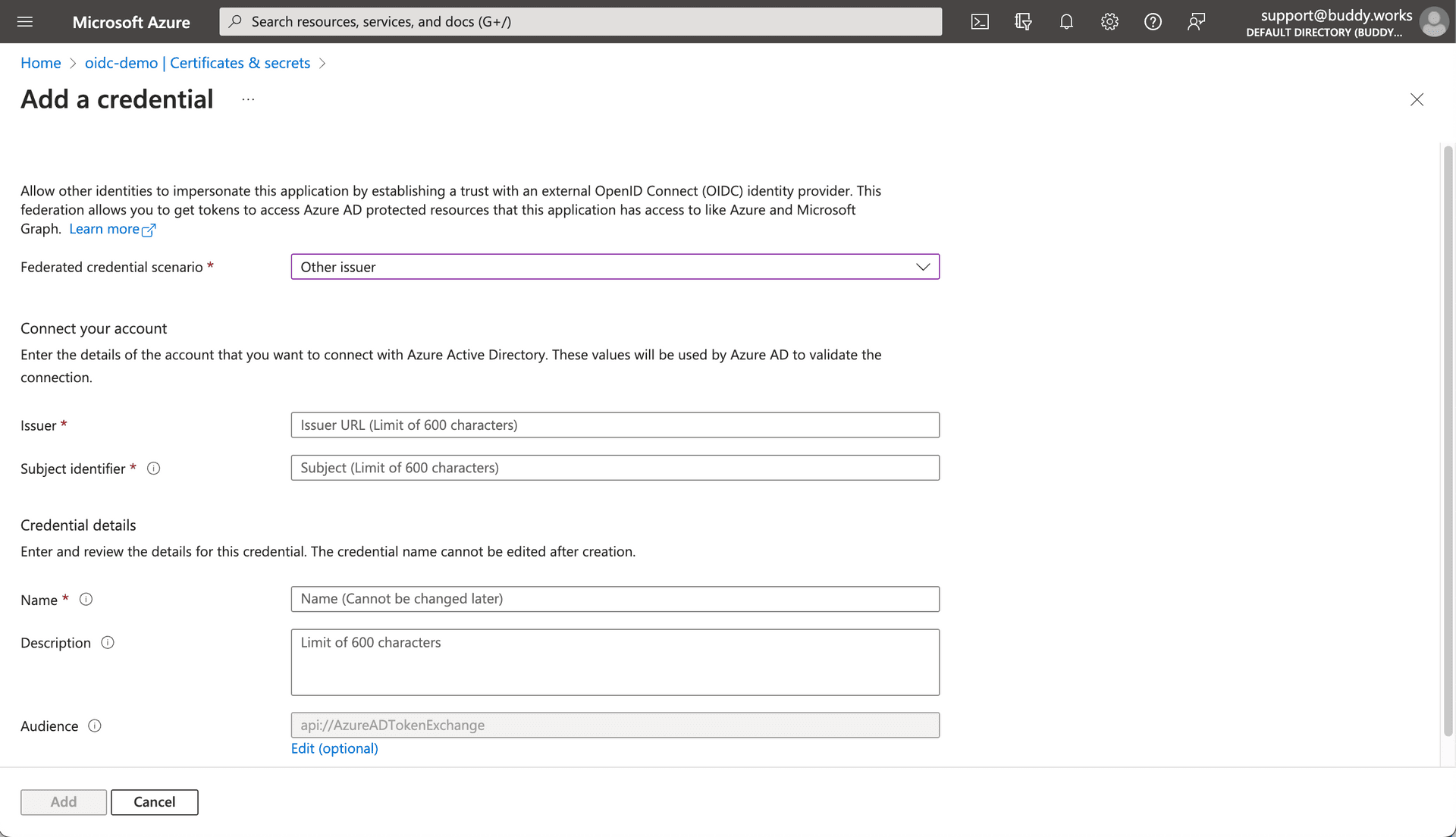 Adding credential in Azure