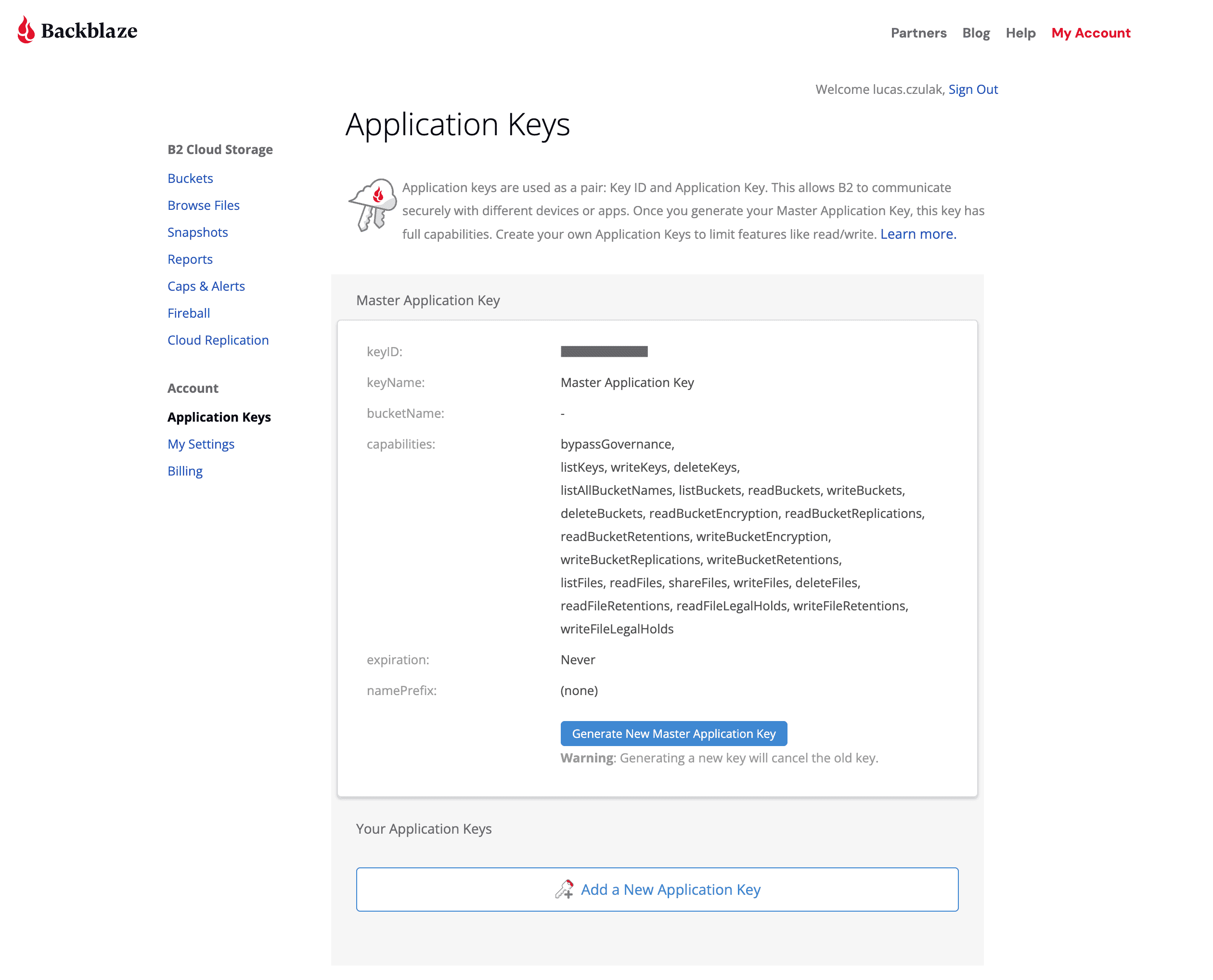 Adding new Application Key in Backblaze storage