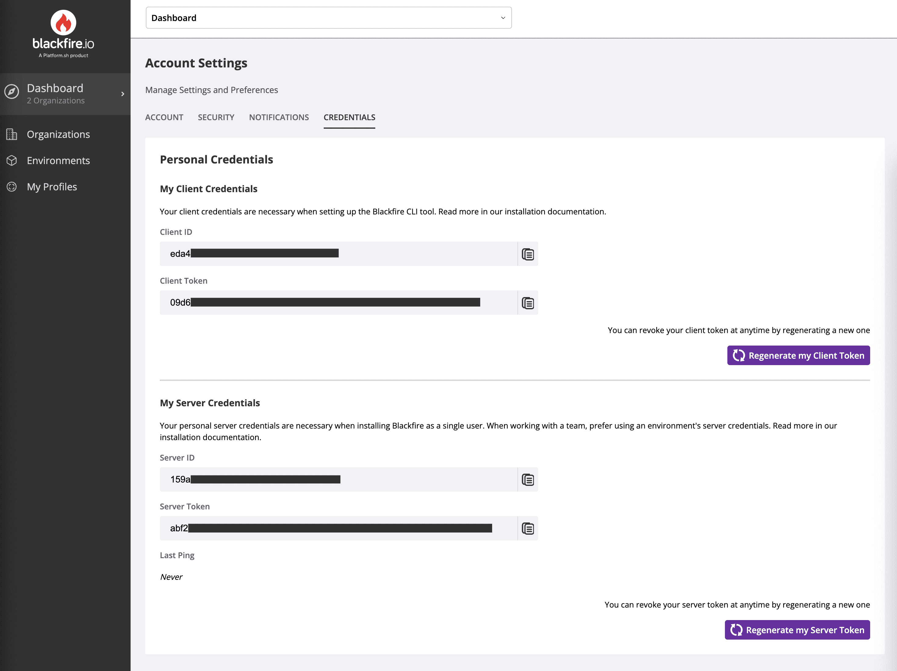 Client and server credentials in Blackfire