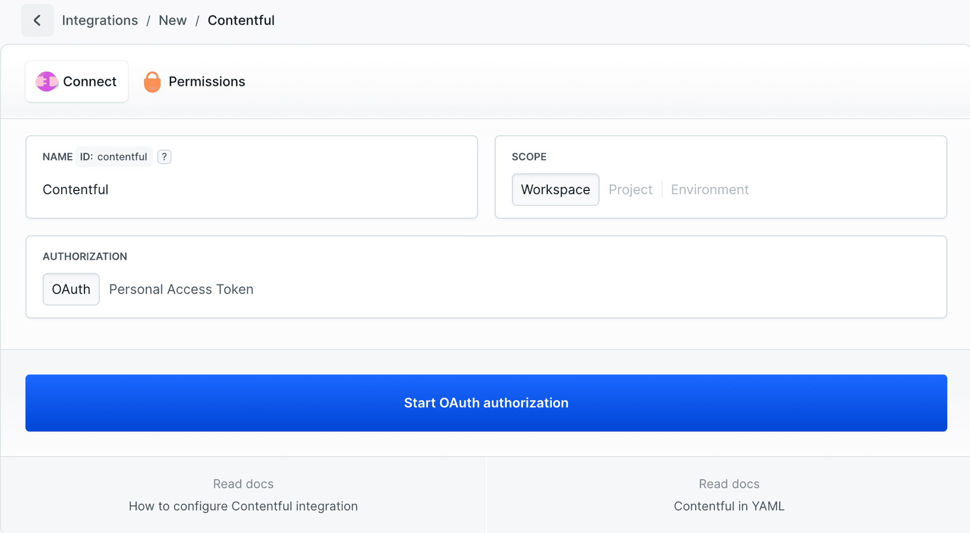 Contentful integration configuration window with OAuth authorization option