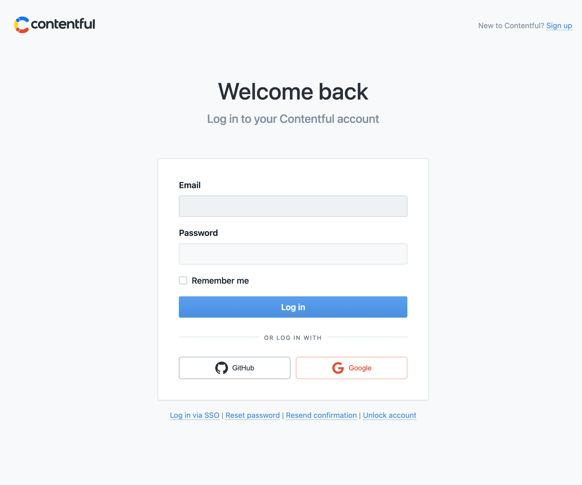 Contentful login page with GitHub and Google authentication options