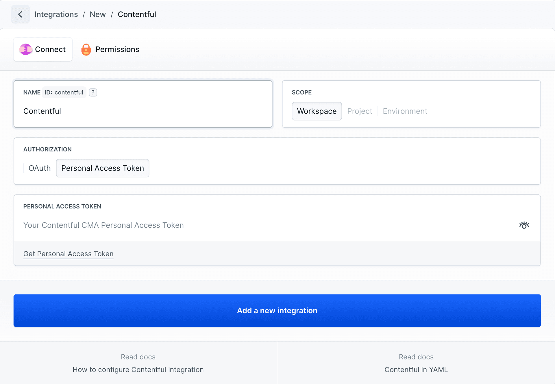 Contentful integration configuration with Personal Access Token option selected