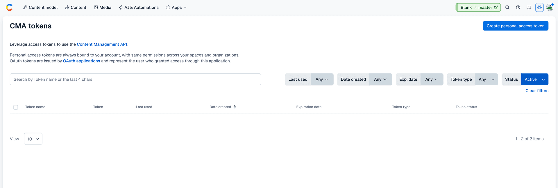 Contentful CMA tokens page with Create personal access token button