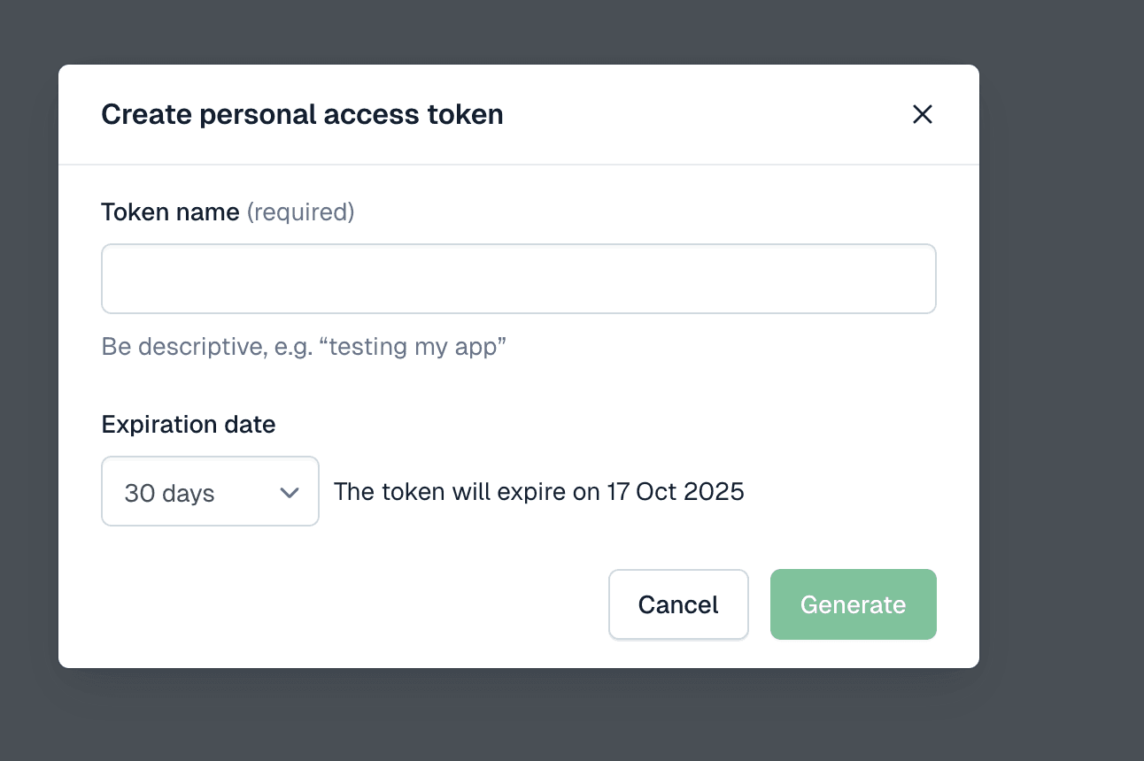 Contentful Create personal access token modal with token name and expiration date fields