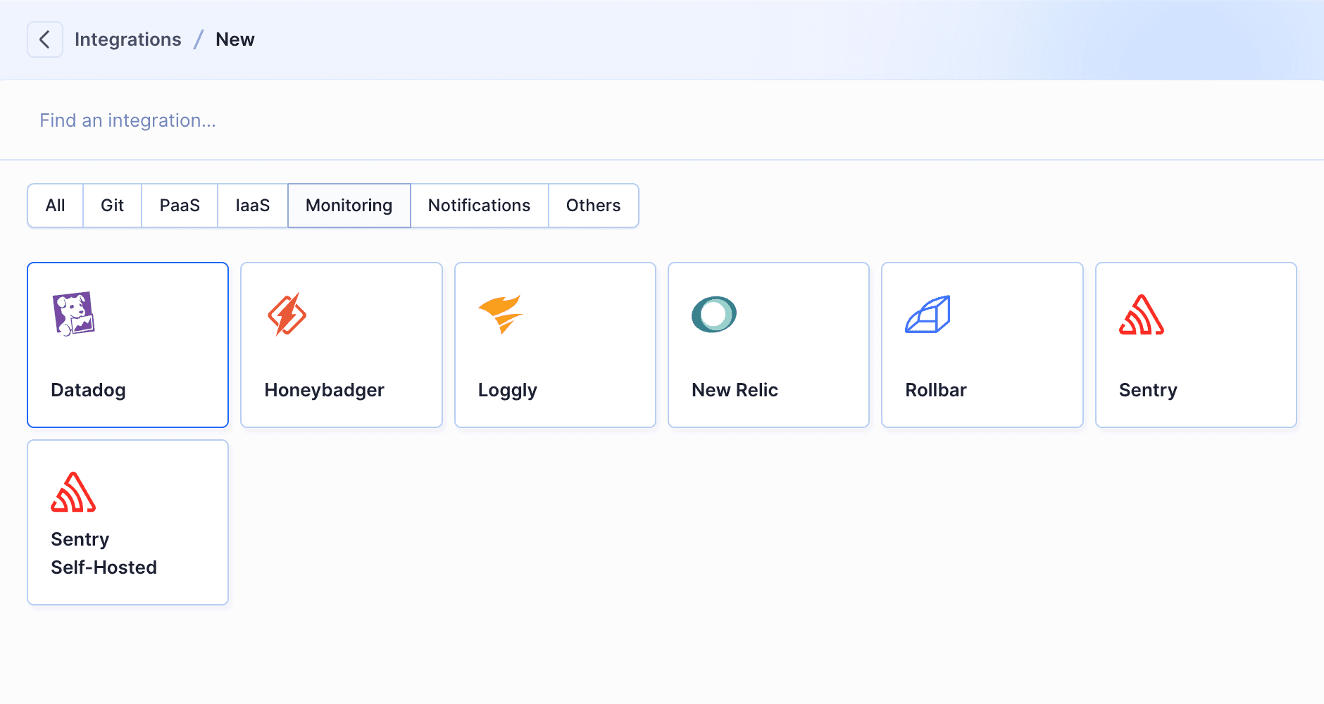 Datadog integration selection