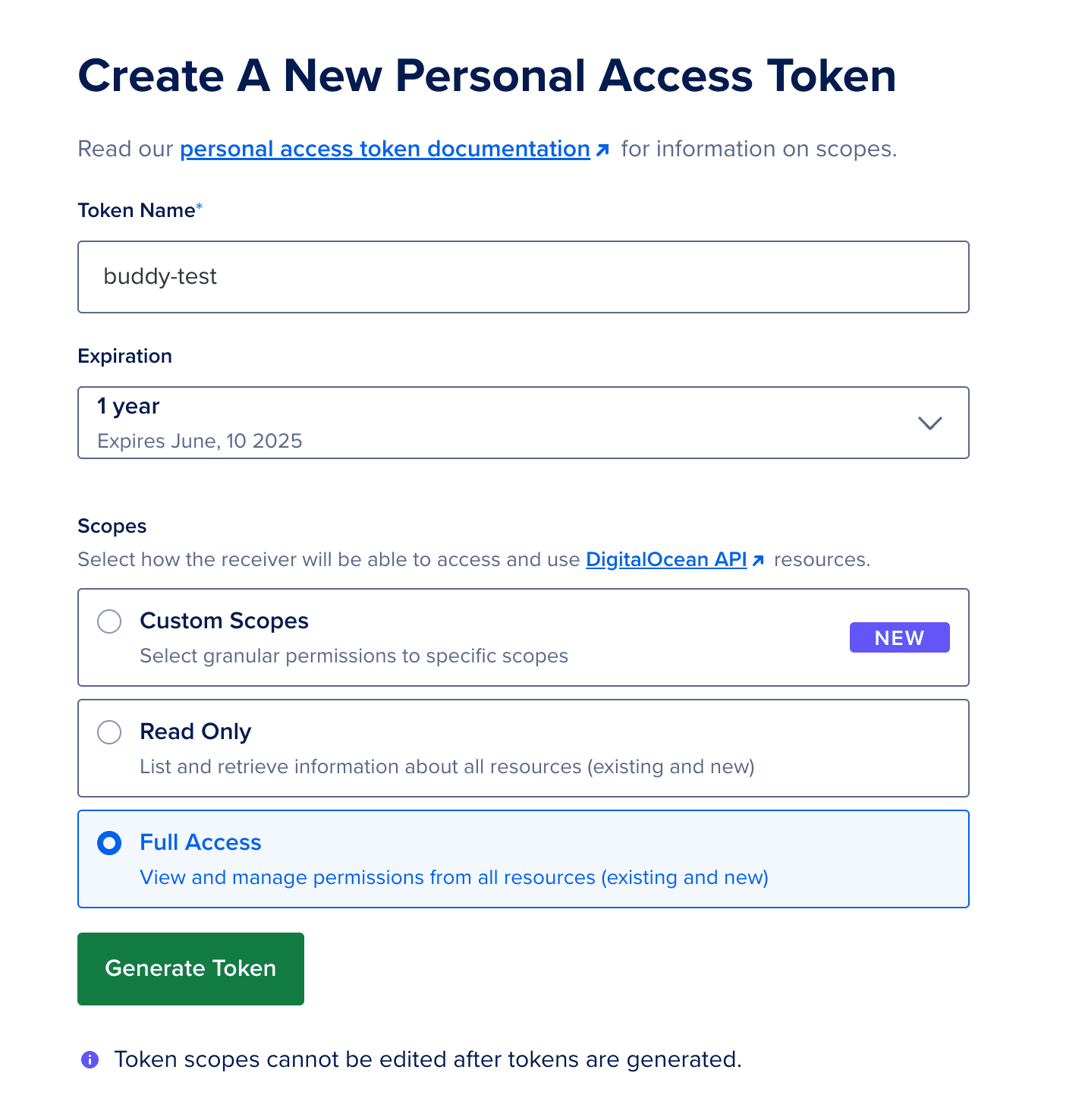 Generating DigitalOcean access token