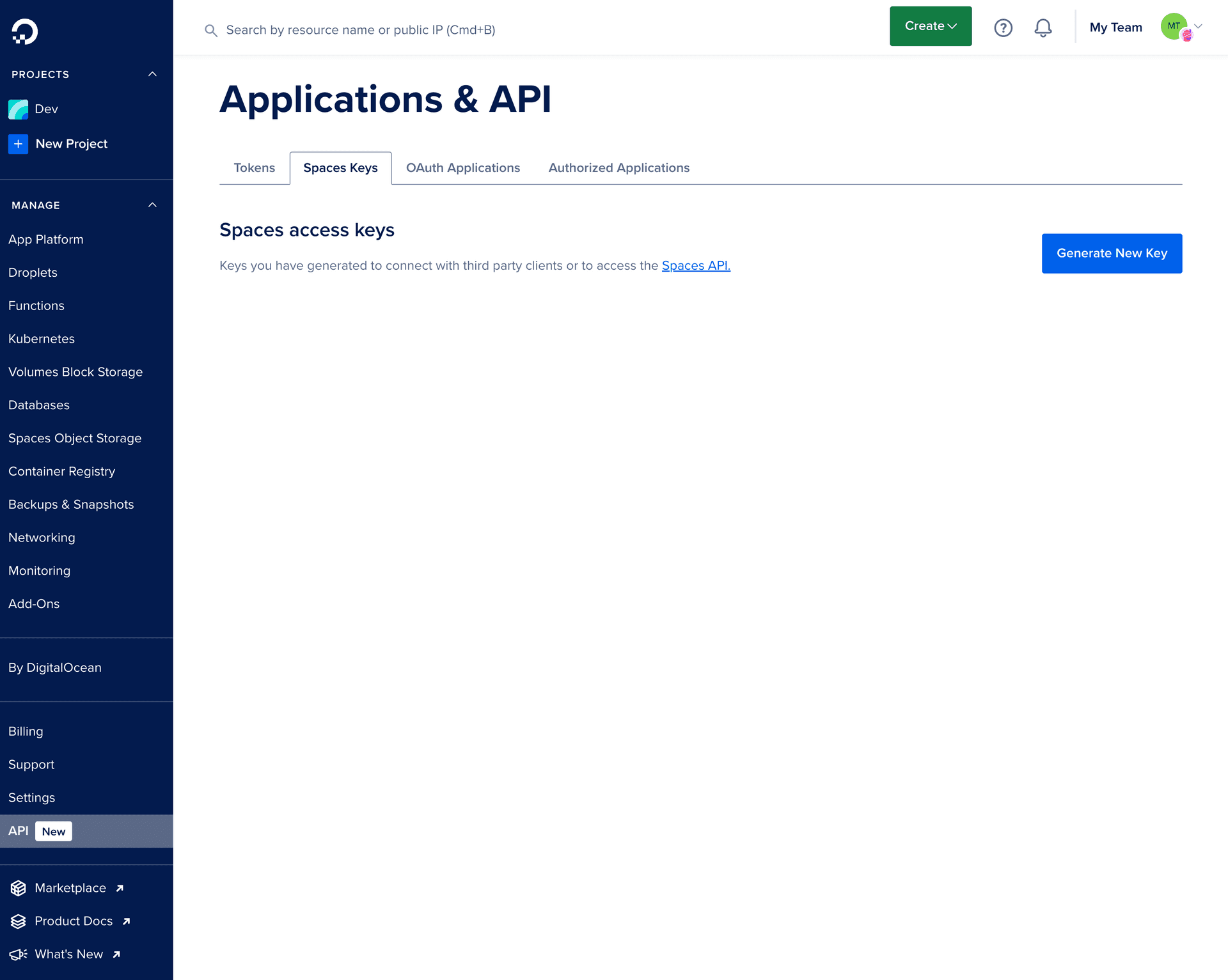 Creating Spaces access keys in DigitalOcean