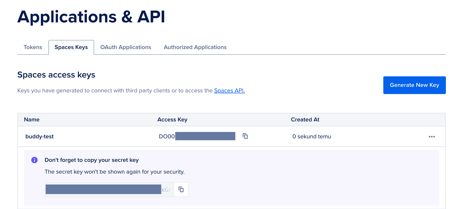 Generated access key and secret key location in DigitalOcean